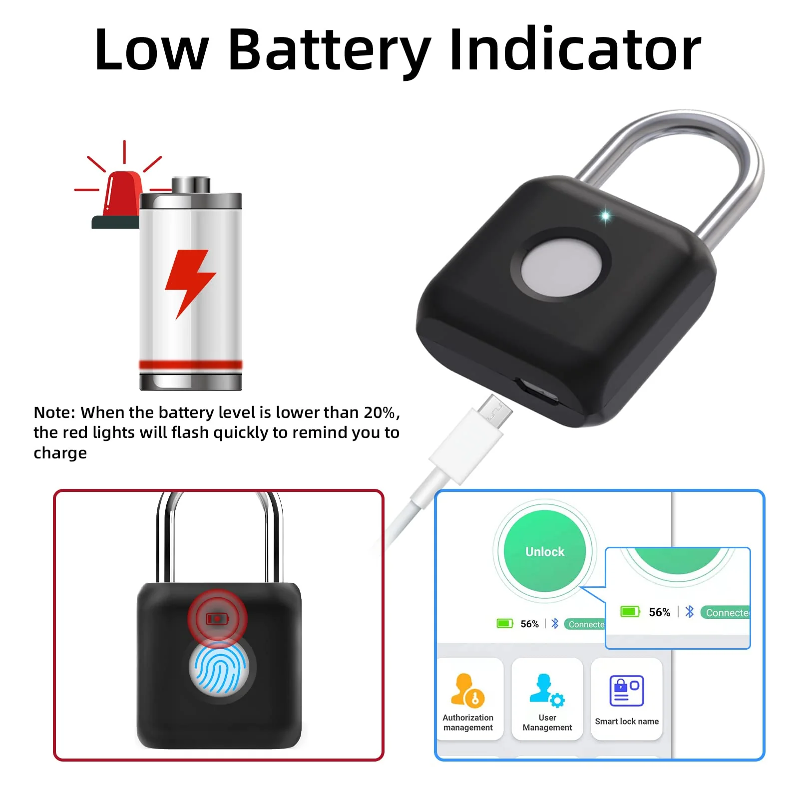 Fingerprint Padlock, Pothunder Padlock, Locker Lock, Combination Lock, Gym Locker Lock with Fingerprint and Bluetooth Unlock, USB Rechargeable, Suitable for Gym, Gate, Door, School, Locker(P8BF-Black) Black - Image 6