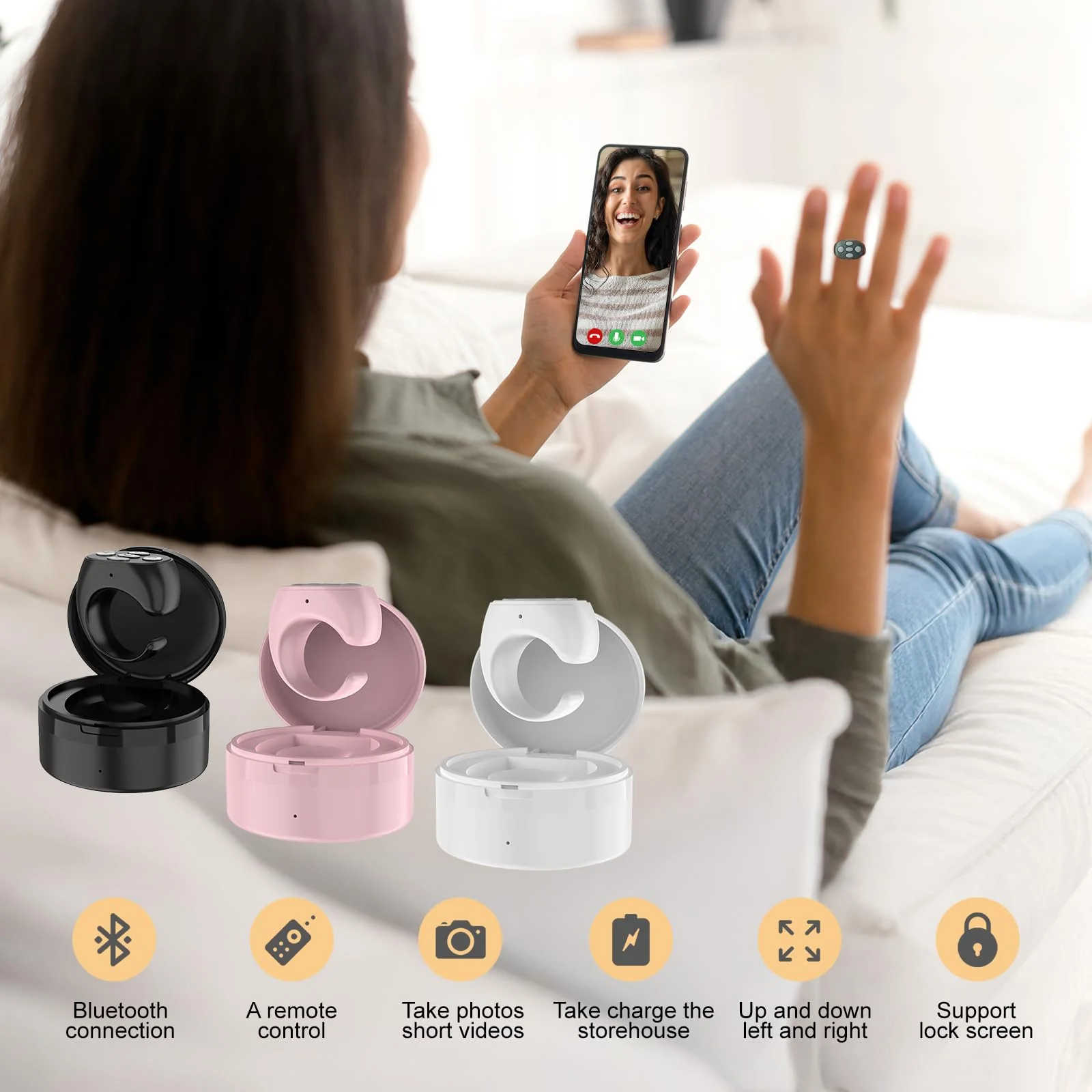 Fingertip Wireless Bluetooth Remote Control, Fingertip Remote Control, Scrolling Ring Remote Control, Remote Control App Page Turner, Scrolling Rings Rechargeable Camera Remote (Black) black - Image 2