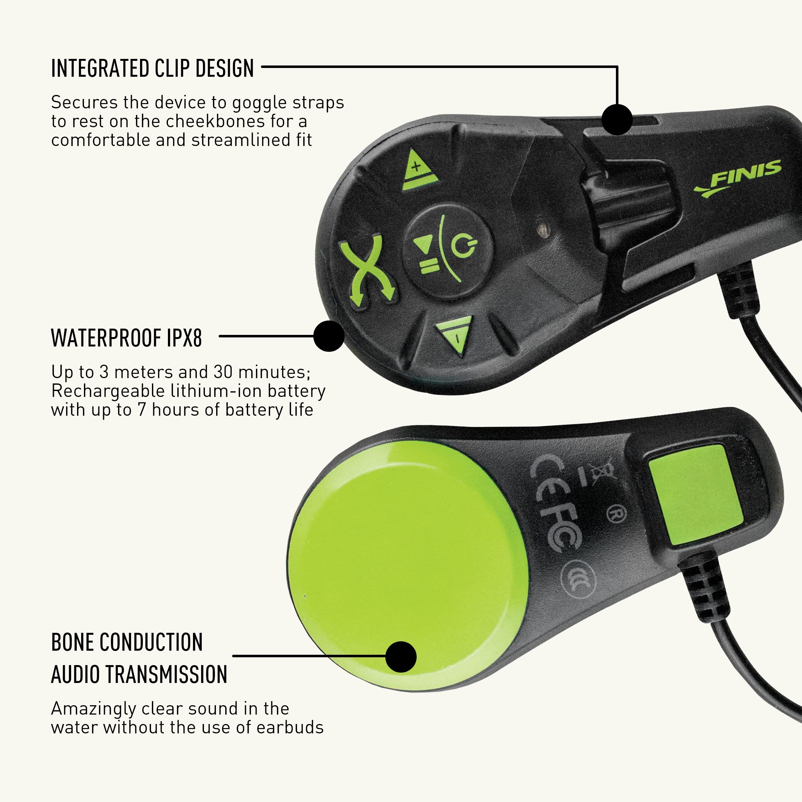 FINIS Duo - High-Quality Underwater MP3 Player - Waterproof Bone Conduction Swimming Headphones for the Pool - Great Addition to Pool and Swimming Accessories - Supports MP3 and WMA files Black/Acid Green - Image 5