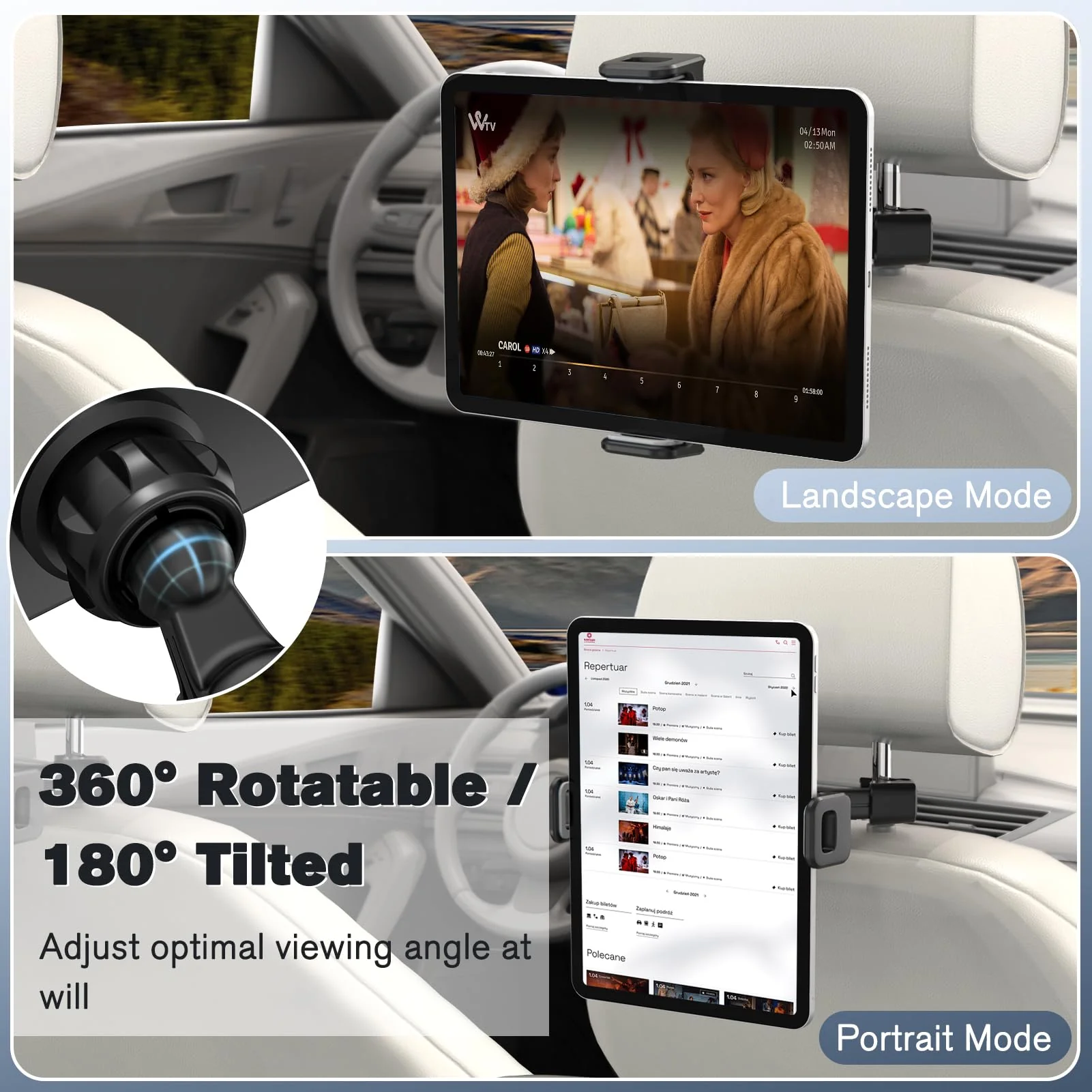 Fintie Car Headrest Tablet Holder - [360° Rotating] Adjustable Mount for iPad, Road Trip Essentials for Kids Adults Fits for iPad Pro, Air, Mini, iPhone, Galaxy Tab, 6-13" Devices, Black - Image 2