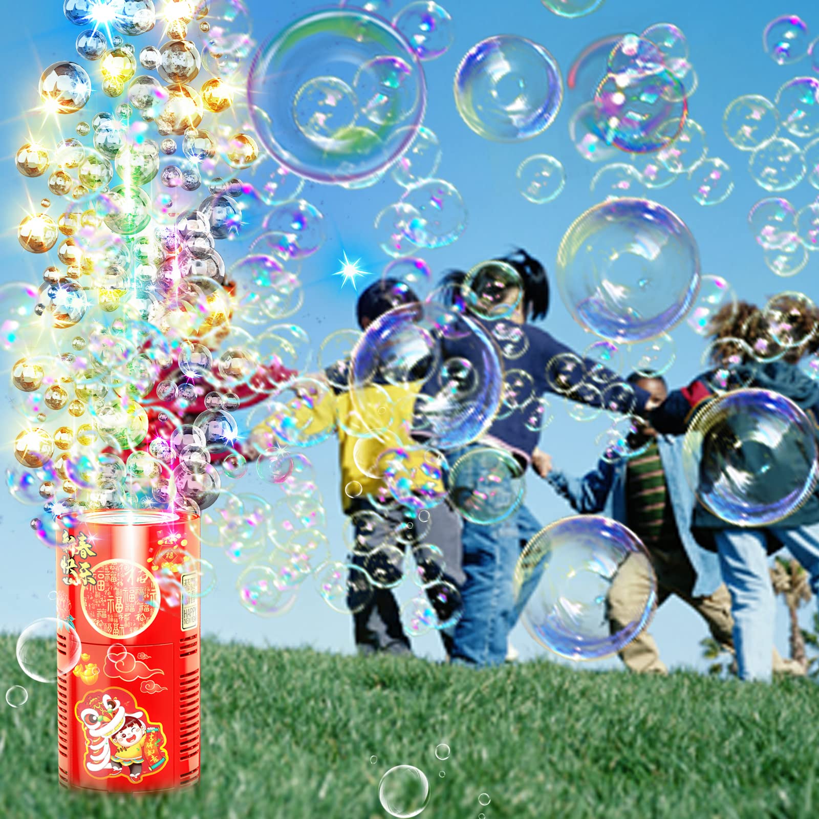 Fireworks Bubble Machine with 80ml Bubble Solution, Portable Automatic Bubble Machine with Lights and Closeable Music, Bubble Maker Toys for Kids Outside Activities Parties Wedding Christmas 1pcs - Image 2