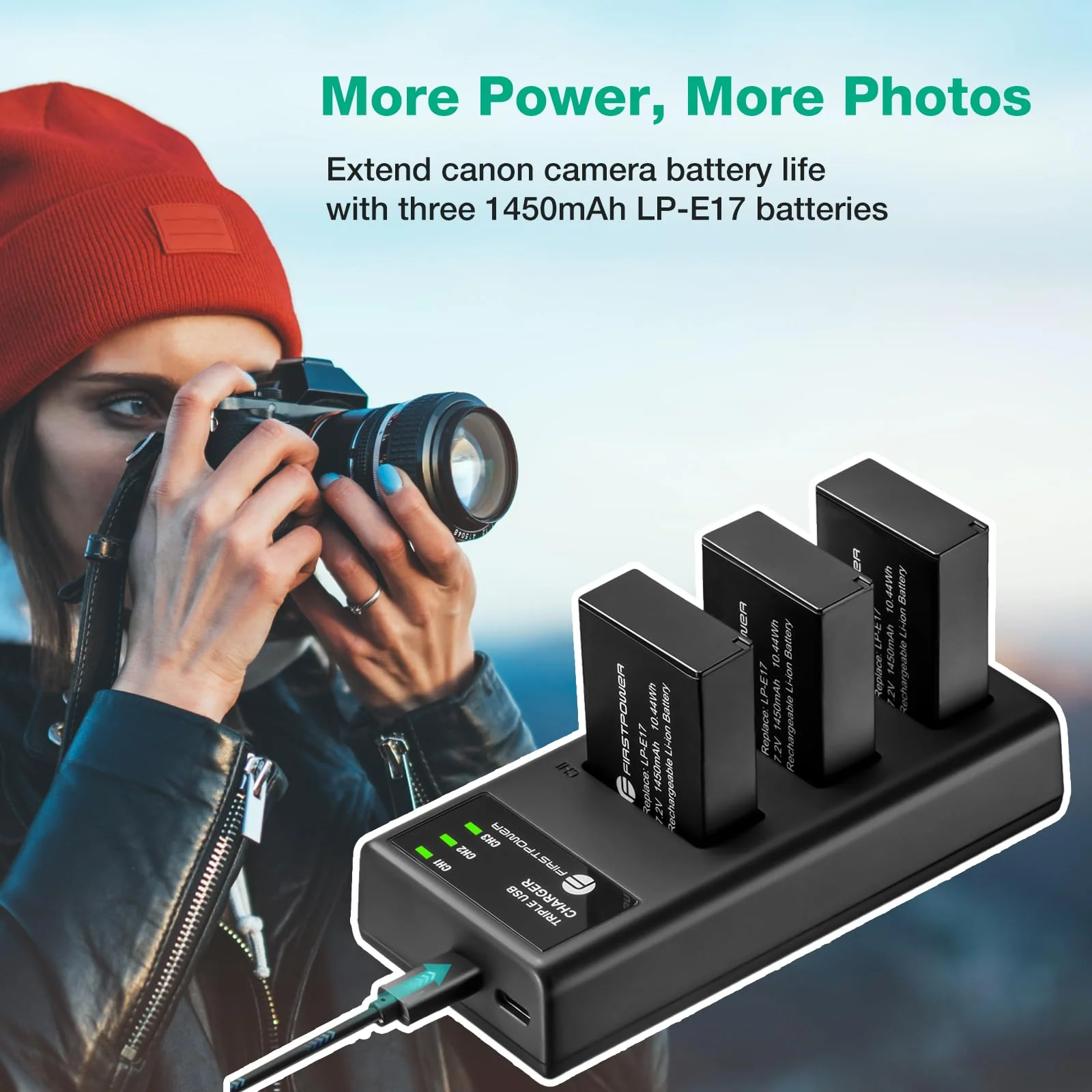 FirstPower LP-E17 Battery 3-Pack and Triple Slot Charger for Canon EOS R50 R100 R10 R8 RP, Powershot V1, Rebel T8i T7i T6i T6s, SL2 SL3, EOS M3 M5 M6, M6 Mark II, 77D 200D 750D 760D 800D 8000D Camera - Image 2