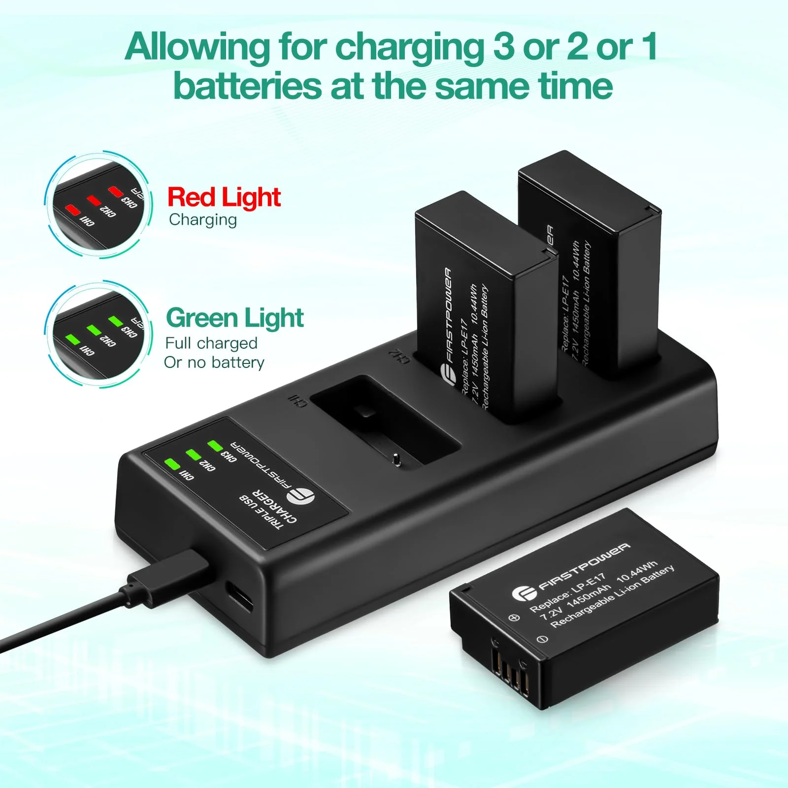FirstPower LP-E17 Battery 3-Pack and Triple Slot Charger for Canon EOS R50 R100 R10 R8 RP, Powershot V1, Rebel T8i T7i T6i T6s, SL2 SL3, EOS M3 M5 M6, M6 Mark II, 77D 200D 750D 760D 800D 8000D Camera - Image 4