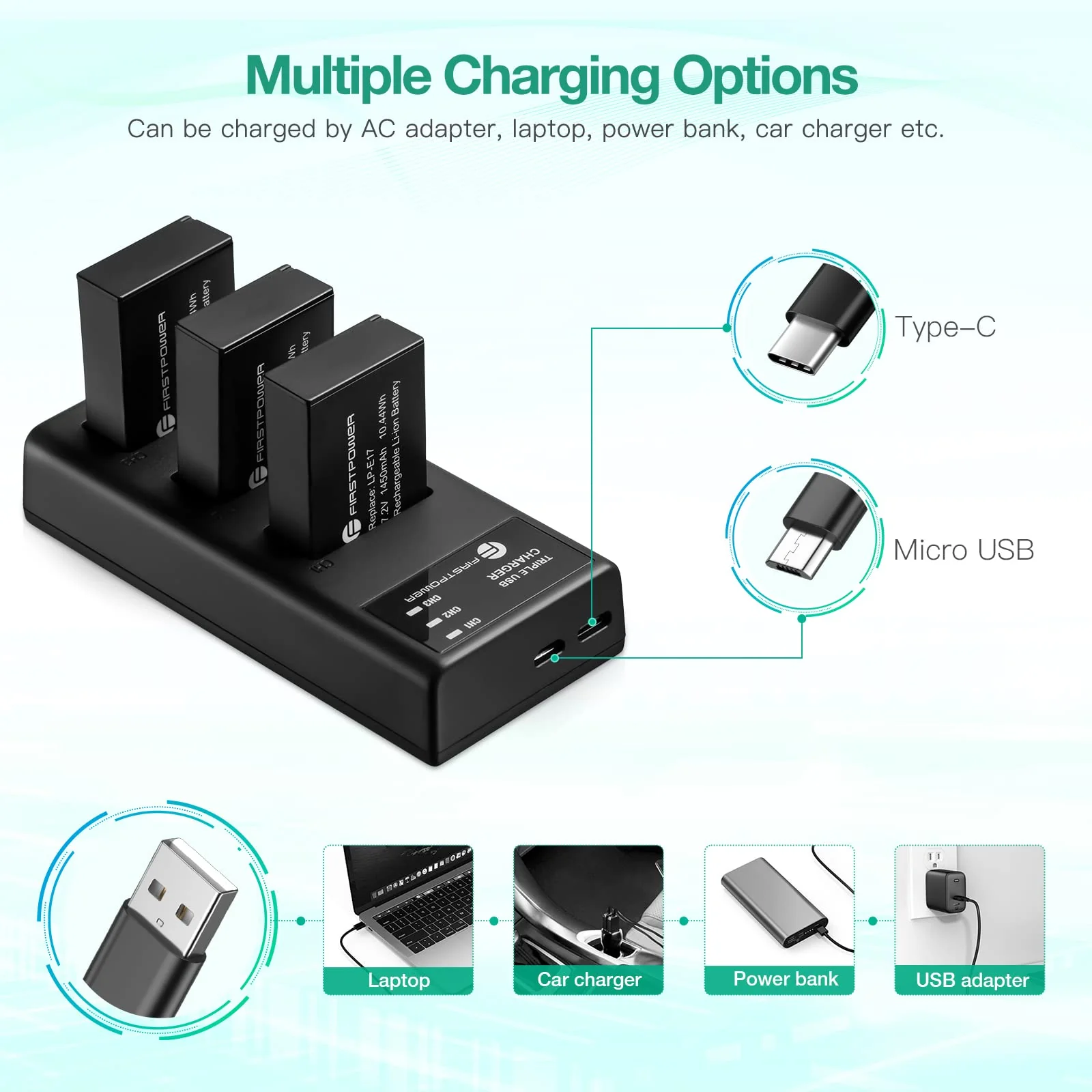 FirstPower LP-E17 Battery 3-Pack and Triple Slot Charger for Canon EOS R50 R100 R10 R8 RP, Powershot V1, Rebel T8i T7i T6i T6s, SL2 SL3, EOS M3 M5 M6, M6 Mark II, 77D 200D 750D 760D 800D 8000D Camera - Image 5
