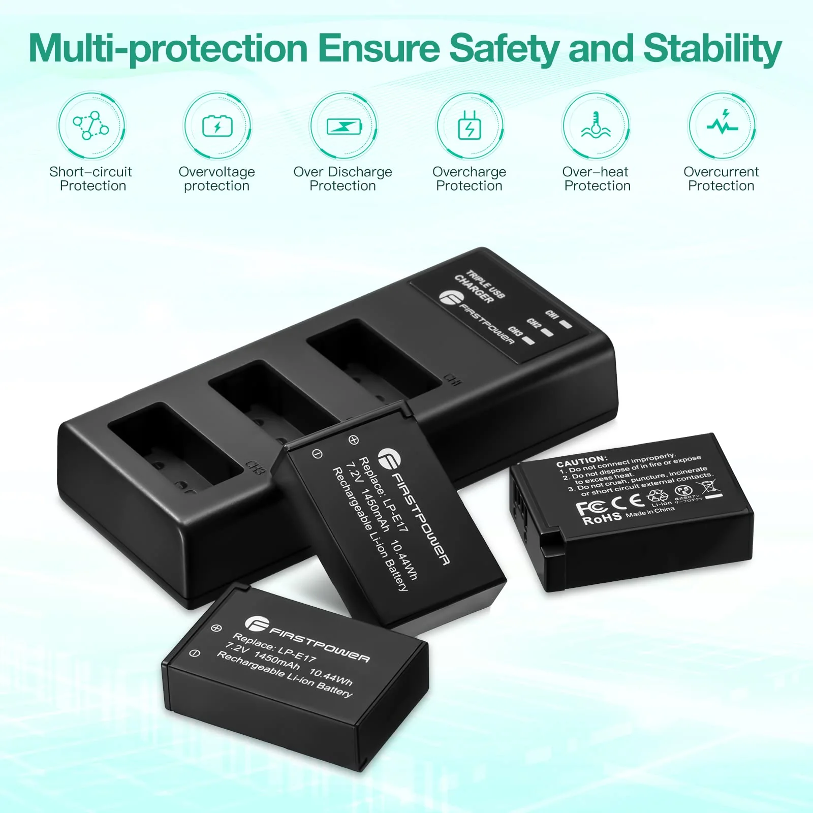 FirstPower LP-E17 Battery 3-Pack and Triple Slot Charger for Canon EOS R50 R100 R10 R8 RP, Powershot V1, Rebel T8i T7i T6i T6s, SL2 SL3, EOS M3 M5 M6, M6 Mark II, 77D 200D 750D 760D 800D 8000D Camera - Image 8