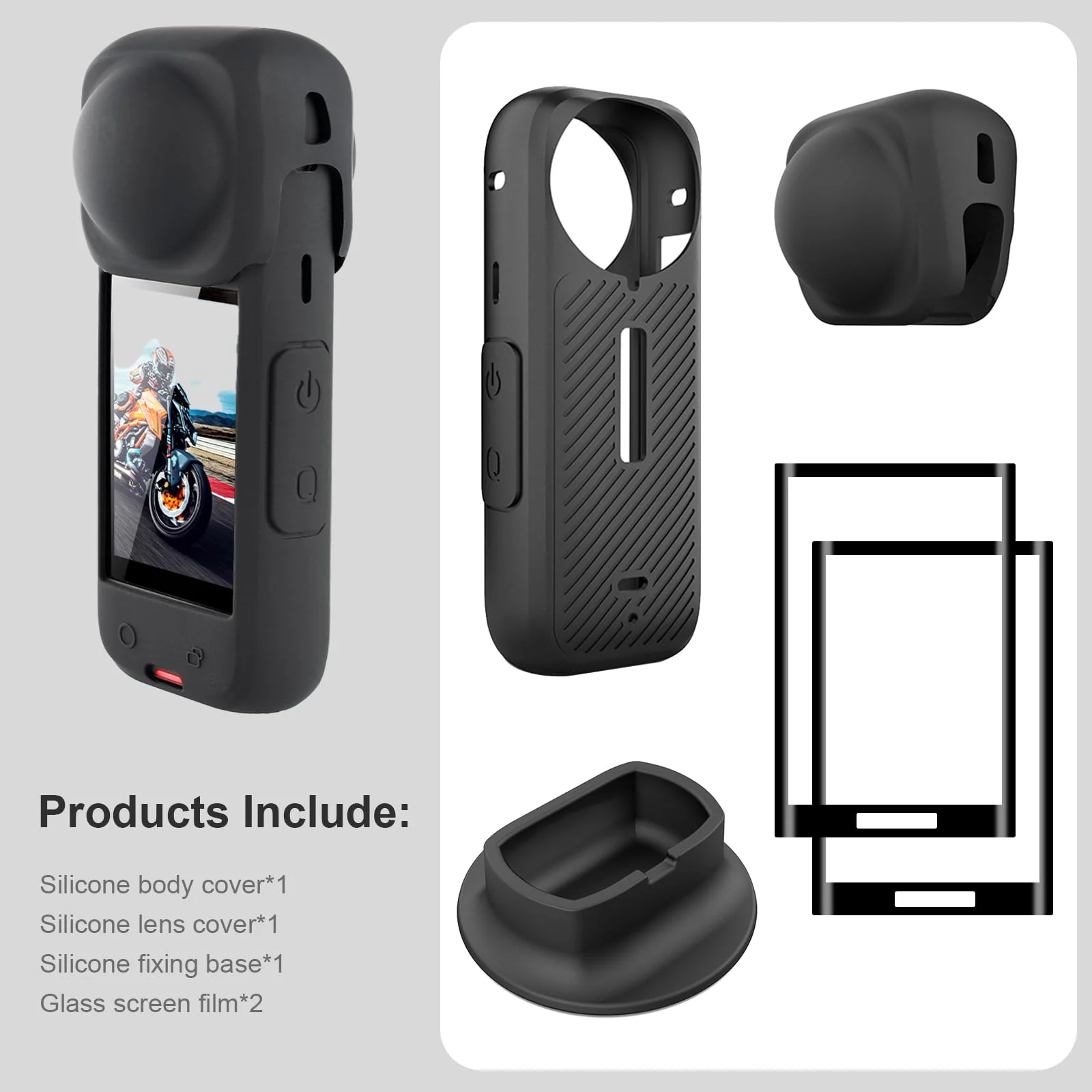 FitStill Protection Accessories Kit Only for Insta 360 X4 Optical Tempered Glass Screen Protector(2 PCS)+Rubber Lens Cap+Silicone Rubber Protective Case+Silicone Support Base Mount Insta 360x4 Accessory - Image 7