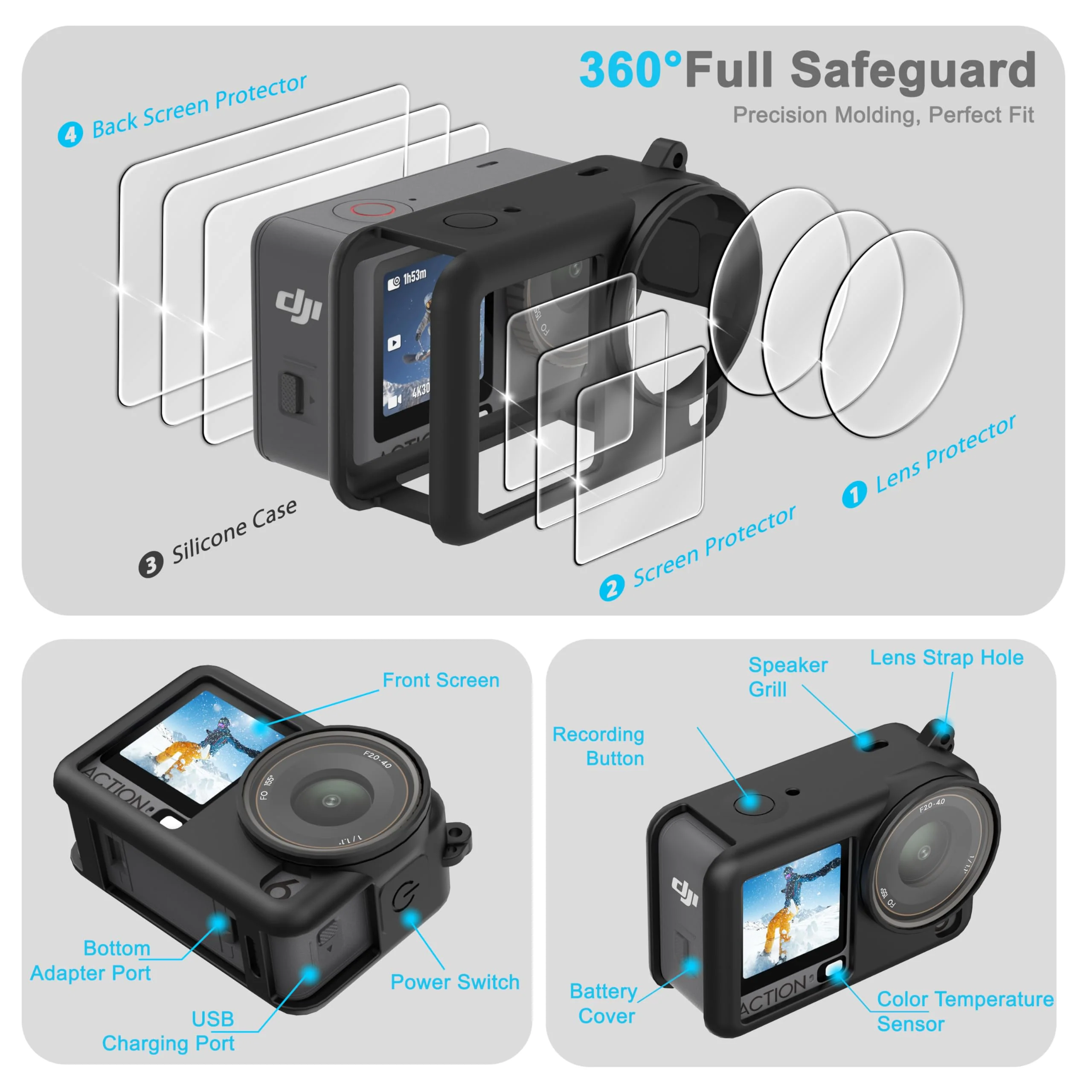 FiTSTILL Silicone Rubber Case+3Pack Tempered Glass Protector Compatible for DJI Osmo Action 6,Rubber Case&Lens Caps&Screen Protectors&Lanyardfor Protective Full Cover Shell Action6 Accessories Kit - Image 2