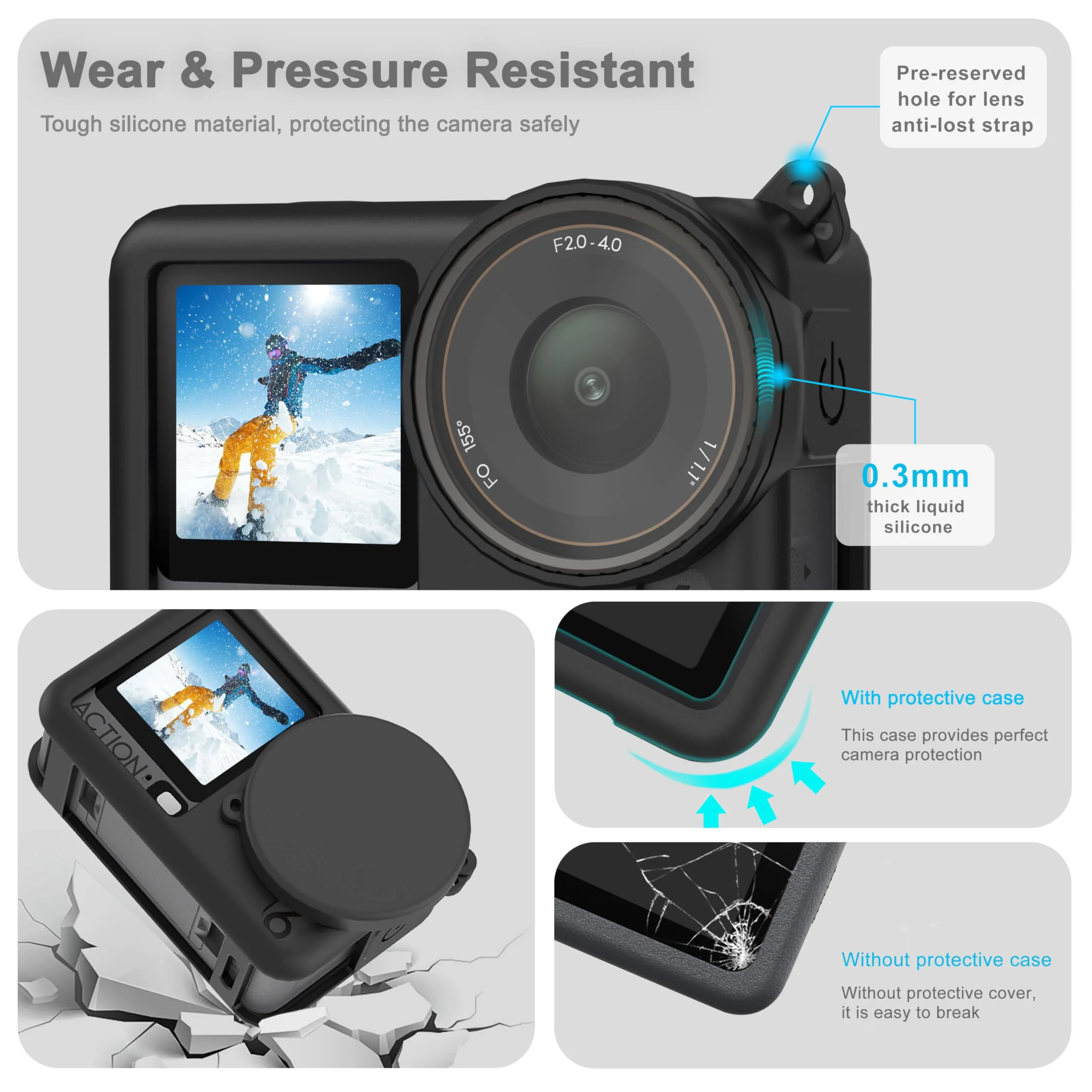 FiTSTILL Silicone Rubber Case+3Pack Tempered Glass Protector Compatible for DJI Osmo Action 6,Rubber Case&Lens Caps&Screen Protectors&Lanyardfor Protective Full Cover Shell Action6 Accessories Kit - Image 4