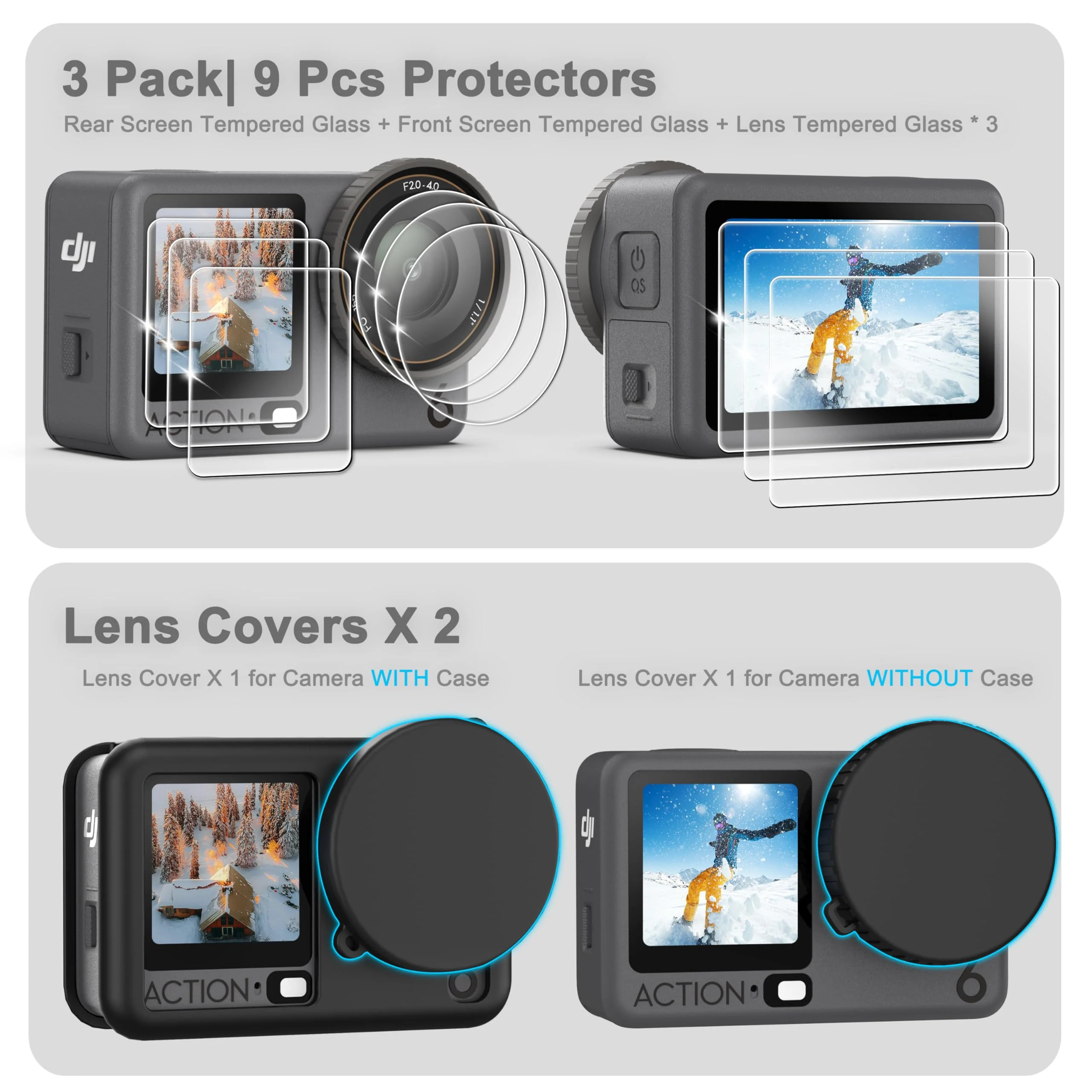 FiTSTILL Silicone Rubber Case+3Pack Tempered Glass Protector Compatible for DJI Osmo Action 6,Rubber Case&Lens Caps&Screen Protectors&Lanyardfor Protective Full Cover Shell Action6 Accessories Kit - Image 5