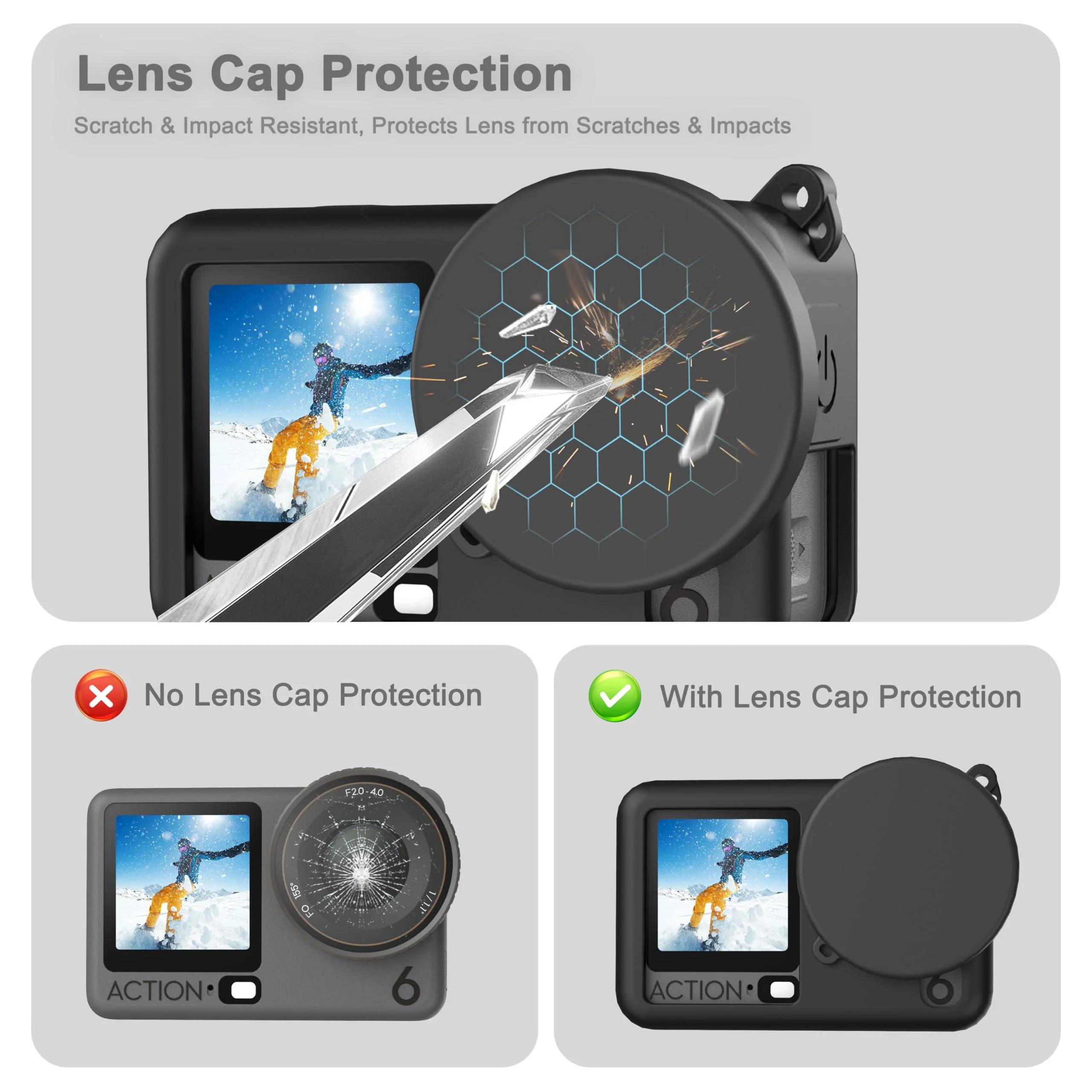 FiTSTILL Silicone Rubber Case+3Pack Tempered Glass Protector Compatible for DJI Osmo Action 6,Rubber Case&Lens Caps&Screen Protectors&Lanyardfor Protective Full Cover Shell Action6 Accessories Kit - Image 7