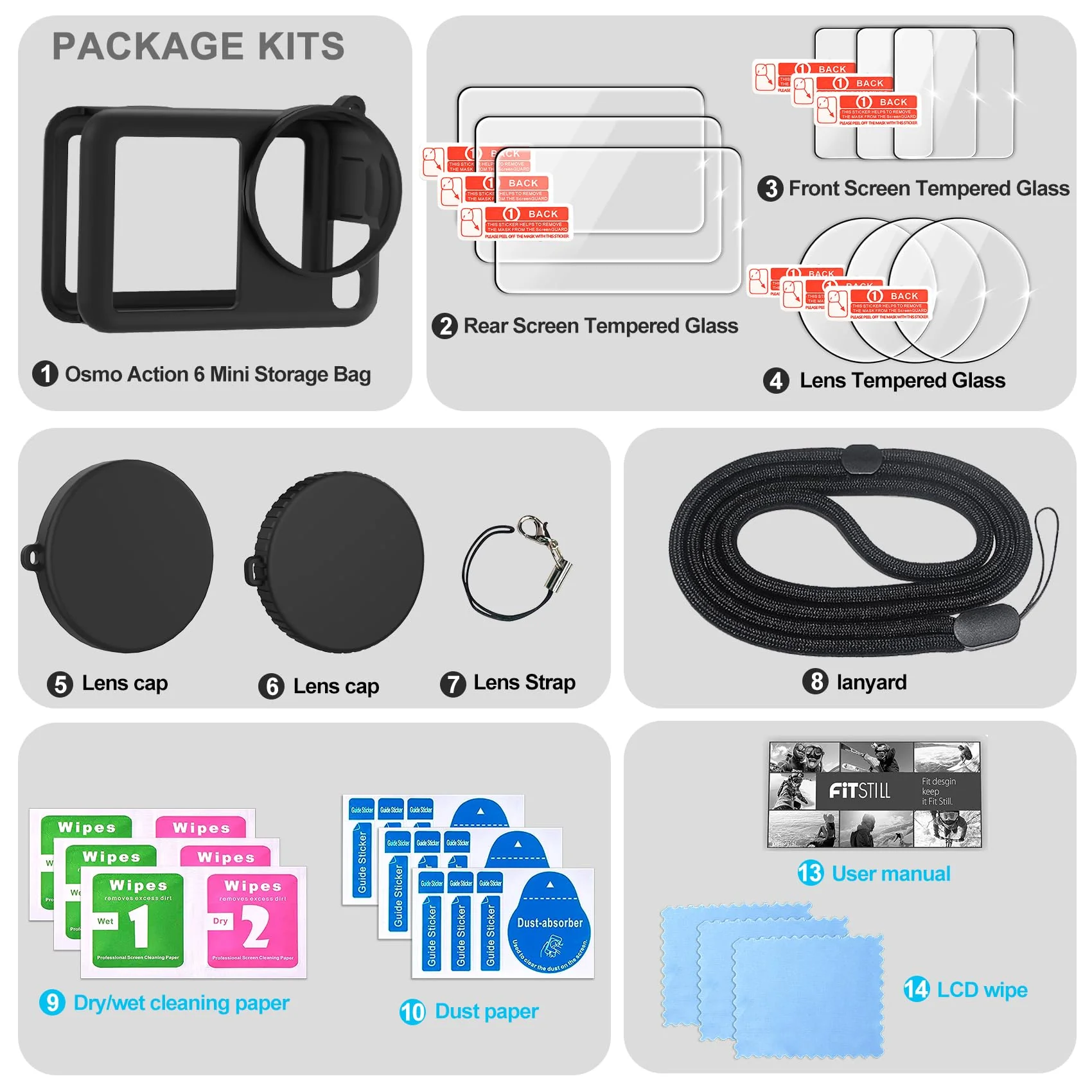 FiTSTILL Silicone Rubber Case+3Pack Tempered Glass Protector Compatible for DJI Osmo Action 6,Rubber Case&Lens Caps&Screen Protectors&Lanyardfor Protective Full Cover Shell Action6 Accessories Kit - Image 8
