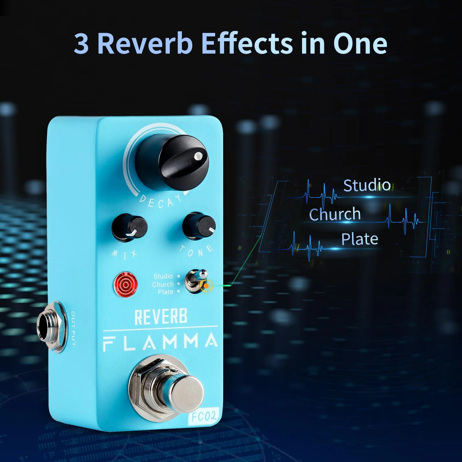 FLAMMA FC02 Mini Reverb Pedal Digital Guitar Pedal with 3 Reverb Effects Church Plate Studio True Bypass FC02 Reverb - Image 2