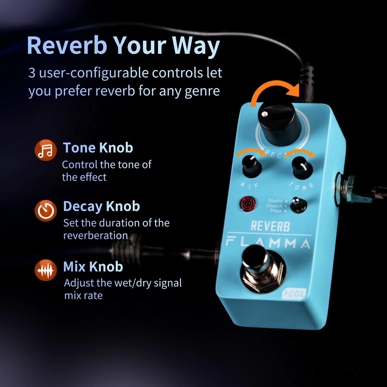 FLAMMA FC02 Mini Reverb Pedal Digital Guitar Pedal with 3 Reverb Effects Church Plate Studio True Bypass FC02 Reverb - Image 3