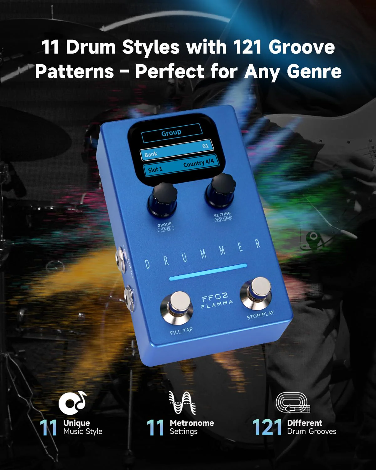 FLAMMA FF02 Drum Machine Guitar Pedal - 121 Drum Grooves, 11 Music Genres, Tap Tempo, Adjustable Rhythms, Stereo I/O for Live & Studio Use Drum Blue - Image 2