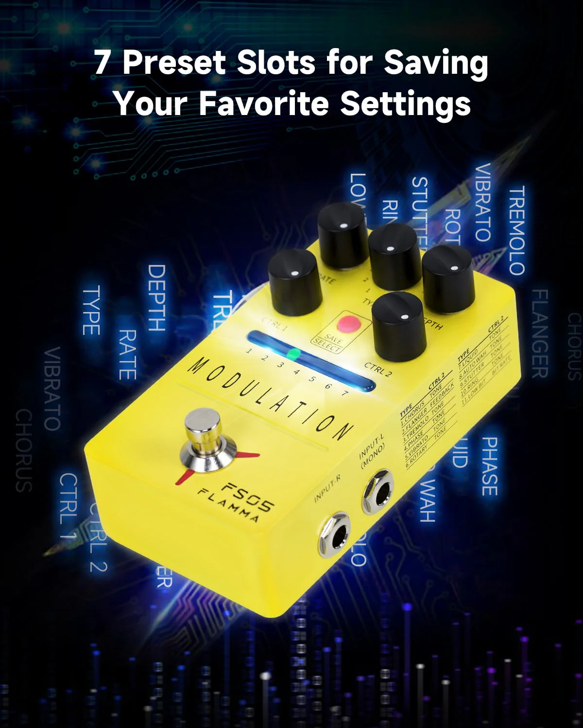 FLAMMA FS05 Multi Modulation Pedal Electric Guitar Stereo Effects Pedal with 7 Storable Slots 11 Modulation Effects True Bypass FS05 Modulation - Image 5