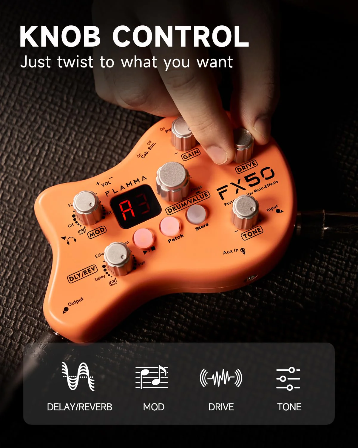 FLAMMA FX50 Practice Guitar Pedal Multi Effects Pedal Mini Portable with 40 Drum Rhythms15 Effects 32 Patches Tuner Function Support Both Corded and Battery Powered FX50 Orange - Image 3
