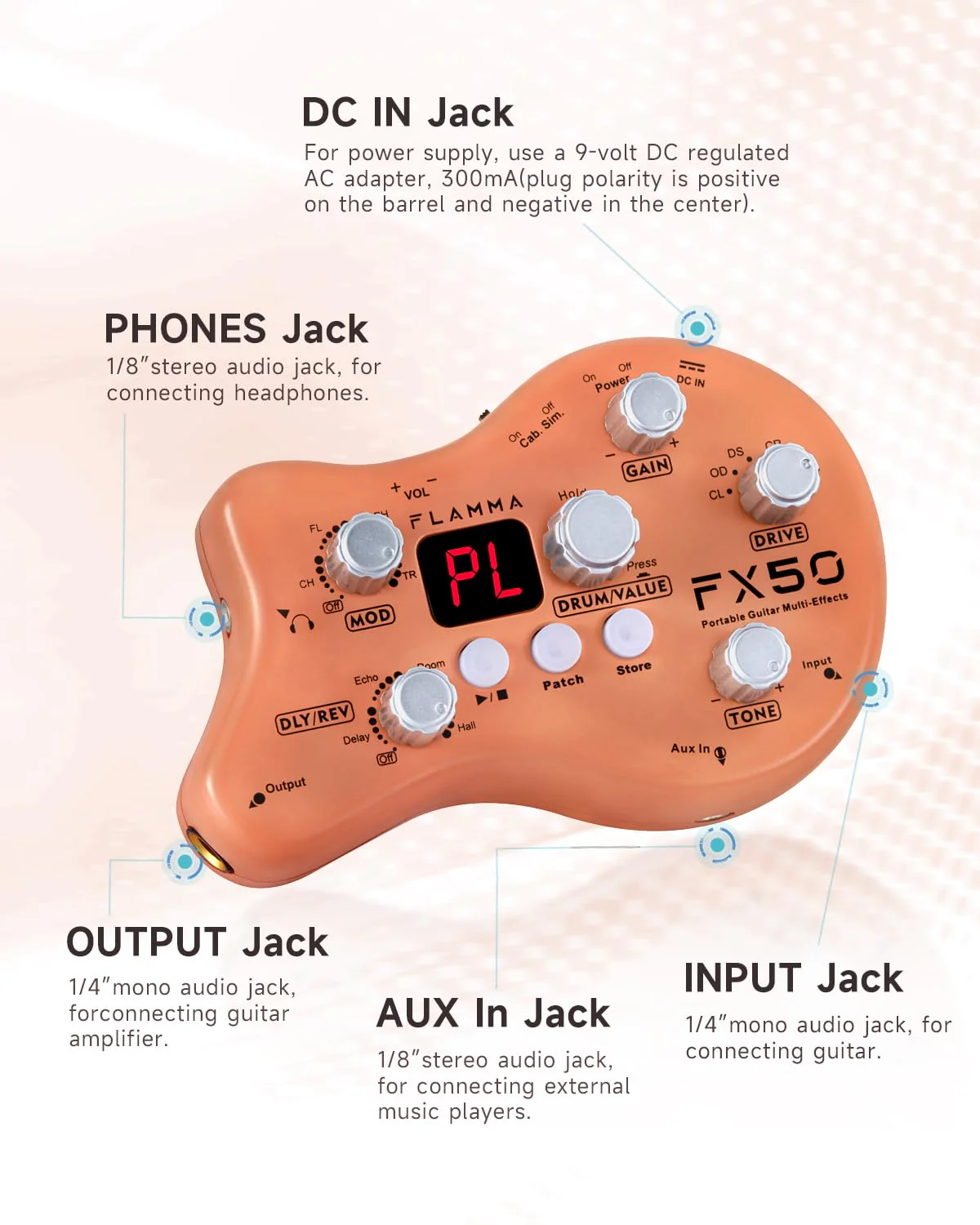 FLAMMA FX50 Practice Guitar Pedal Multi Effects Pedal Mini Portable with 40 Drum Rhythms15 Effects 32 Patches Tuner Function Support Both Corded and Battery Powered FX50 Orange - Image 6