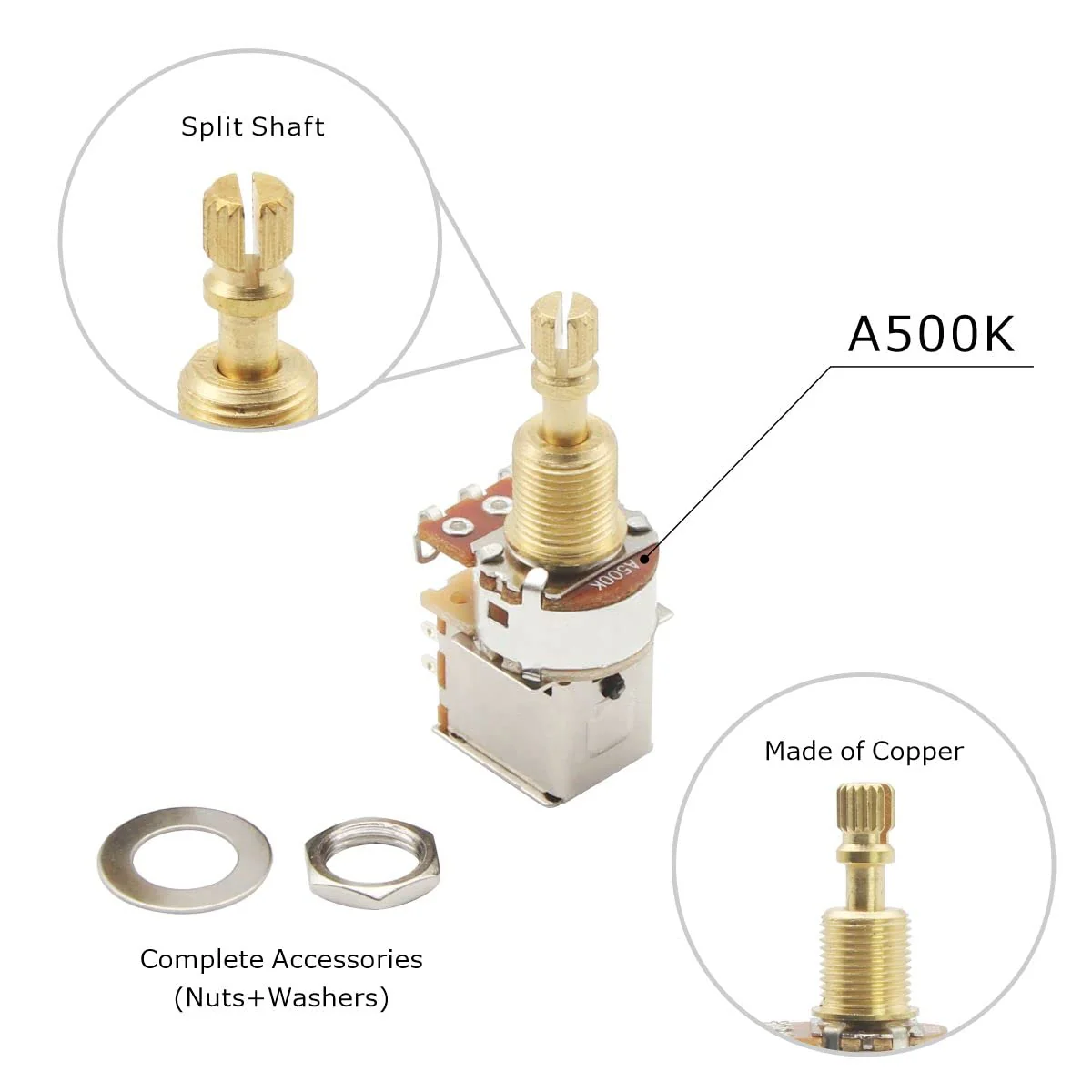 FLEOR 2pcs A500K Push Push Guitar Pots Audio Taper Potentiometers Long Copper Split Shaft A500K Long shaft - Image 2