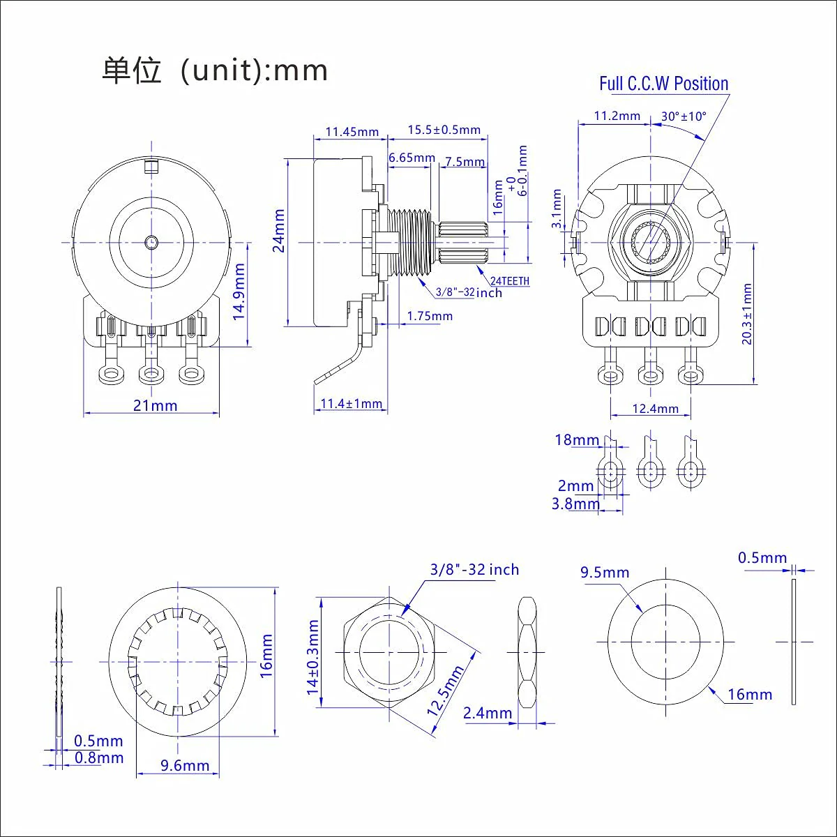 FLEOR 500K Audio Pots 15.5mm Short Split Shaft Guitar Potentiometer, Pack of 2 15.5mm Short Shaft A500K - Image 6