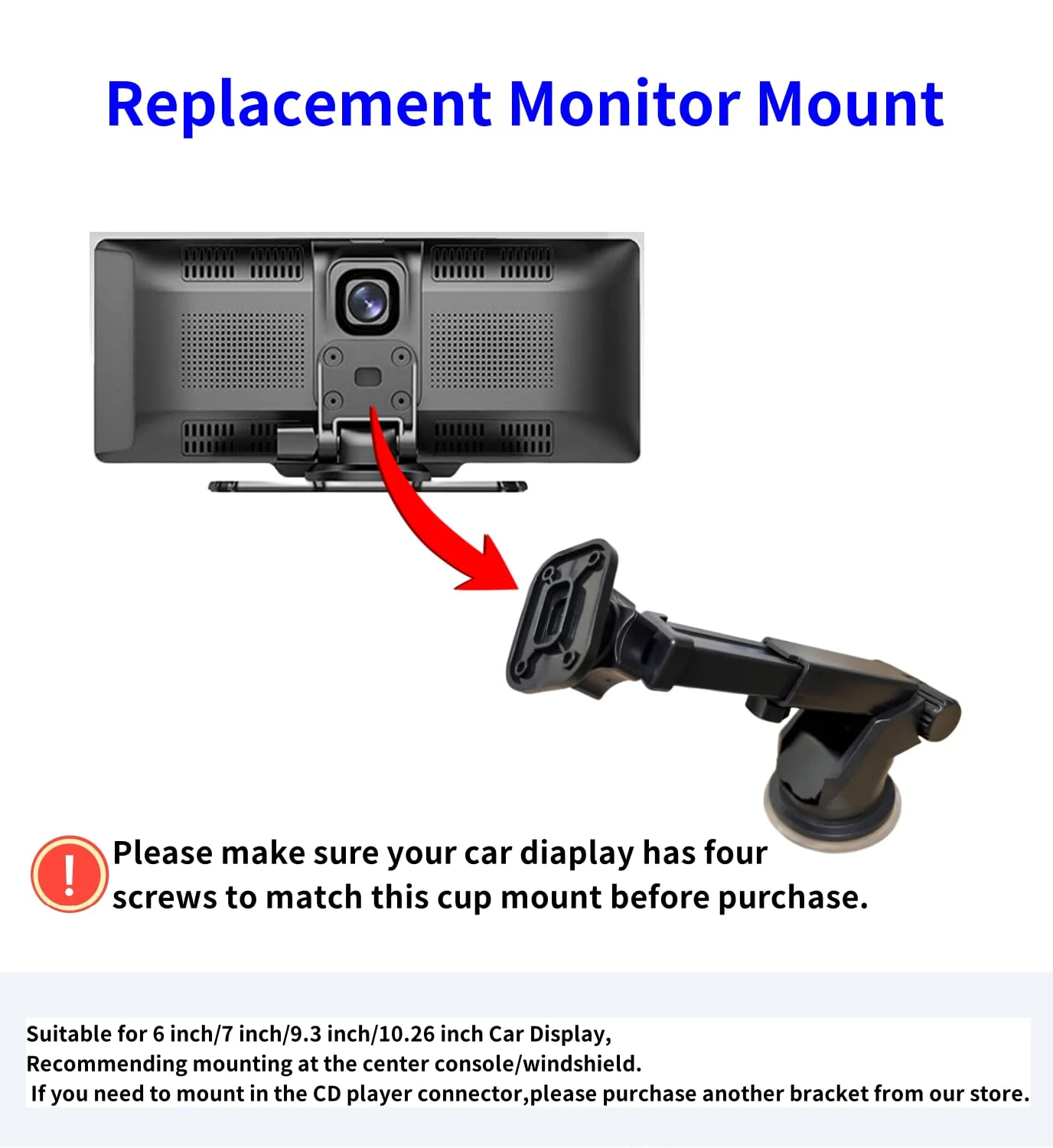 Flexible Dashboard Suction Cup Bracket with Scrwes for Portable Wirelss Carplay Screen Monitor, Upgraded Windshield Monitor Suction Cup Mount for 7"/ 9"/ 10.26" Car Android Auto Screen Screws Bracket - Image 2