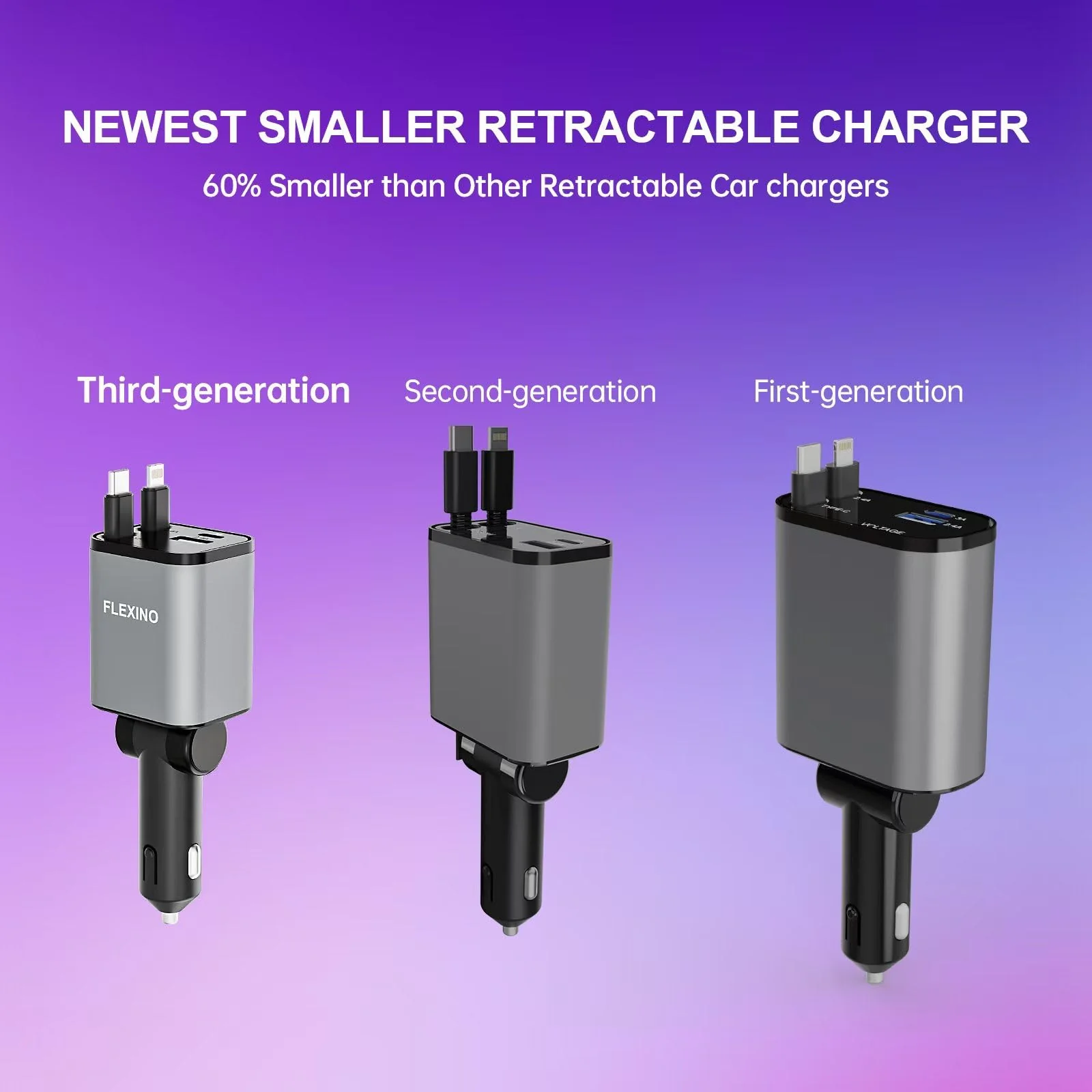 Flexino Retractable Car Charger, iPhone16 Car Charger, USB C Car Charger, 69W Fast Charge Car Charger, Smaller Size Car Charger with Retractable Cords, Fit for iPhone 16/15/14/13/12, Samsung, Grey - Image 2