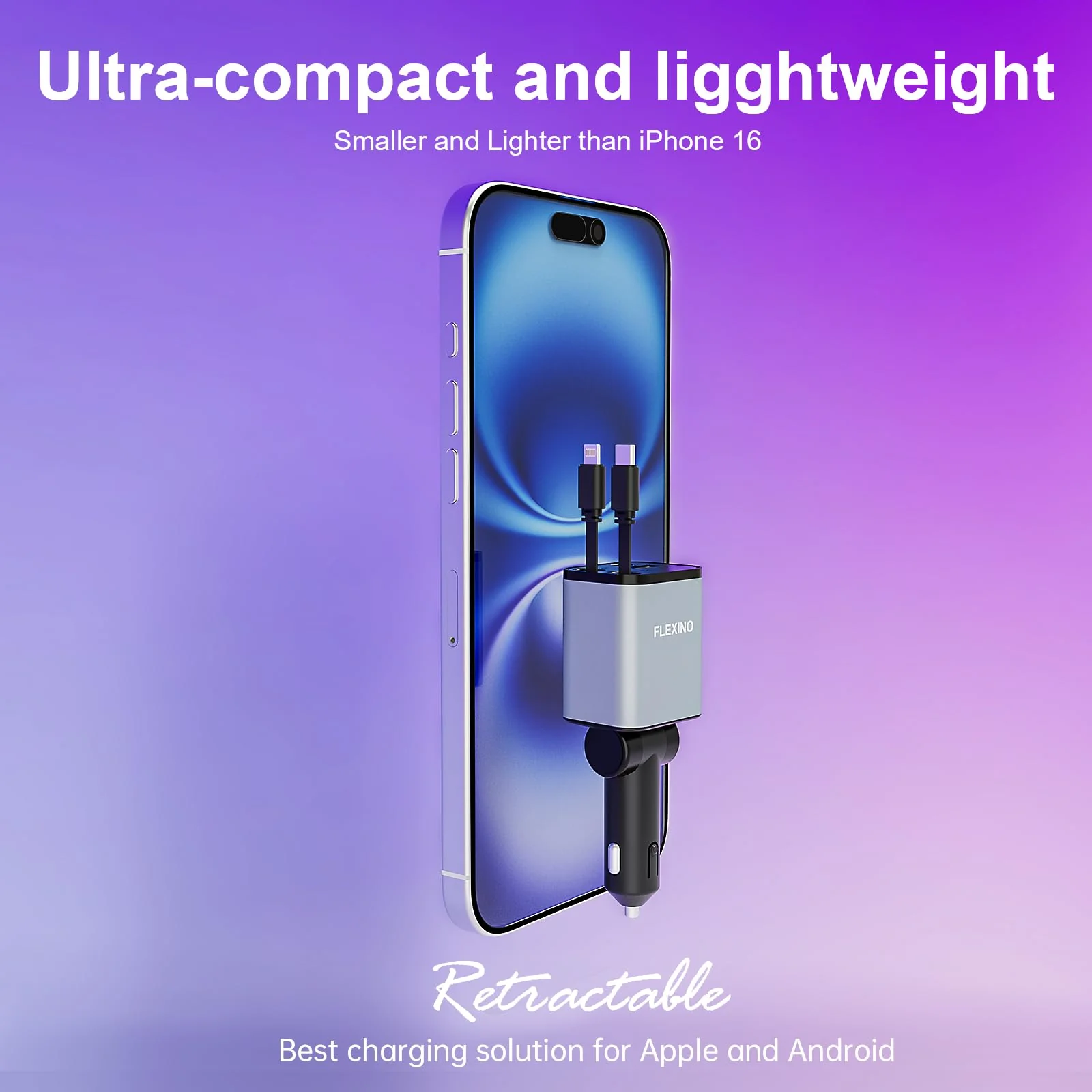 Flexino Retractable Car Charger, iPhone16 Car Charger, USB C Car Charger, 69W Fast Charge Car Charger, Smaller Size Car Charger with Retractable Cords, Fit for iPhone 16/15/14/13/12, Samsung, Grey - Image 4