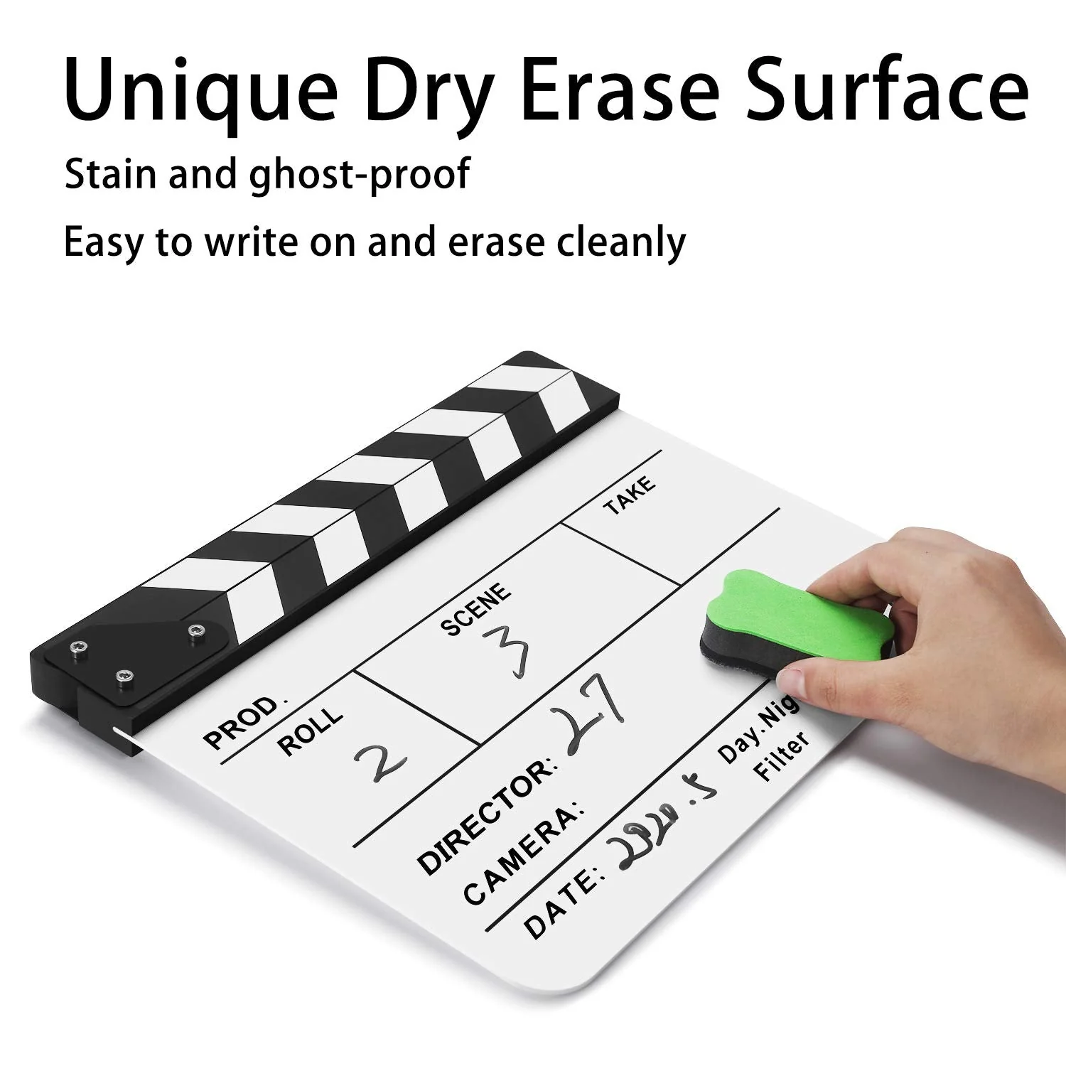 Flexzion Director Clapboard Film Movie Clapper Board Acrylic Plastic Dry Erase Stadio Camera TV Video Cut Action Scene Slate Board 10x12" with Black/White Sticks - Image 3