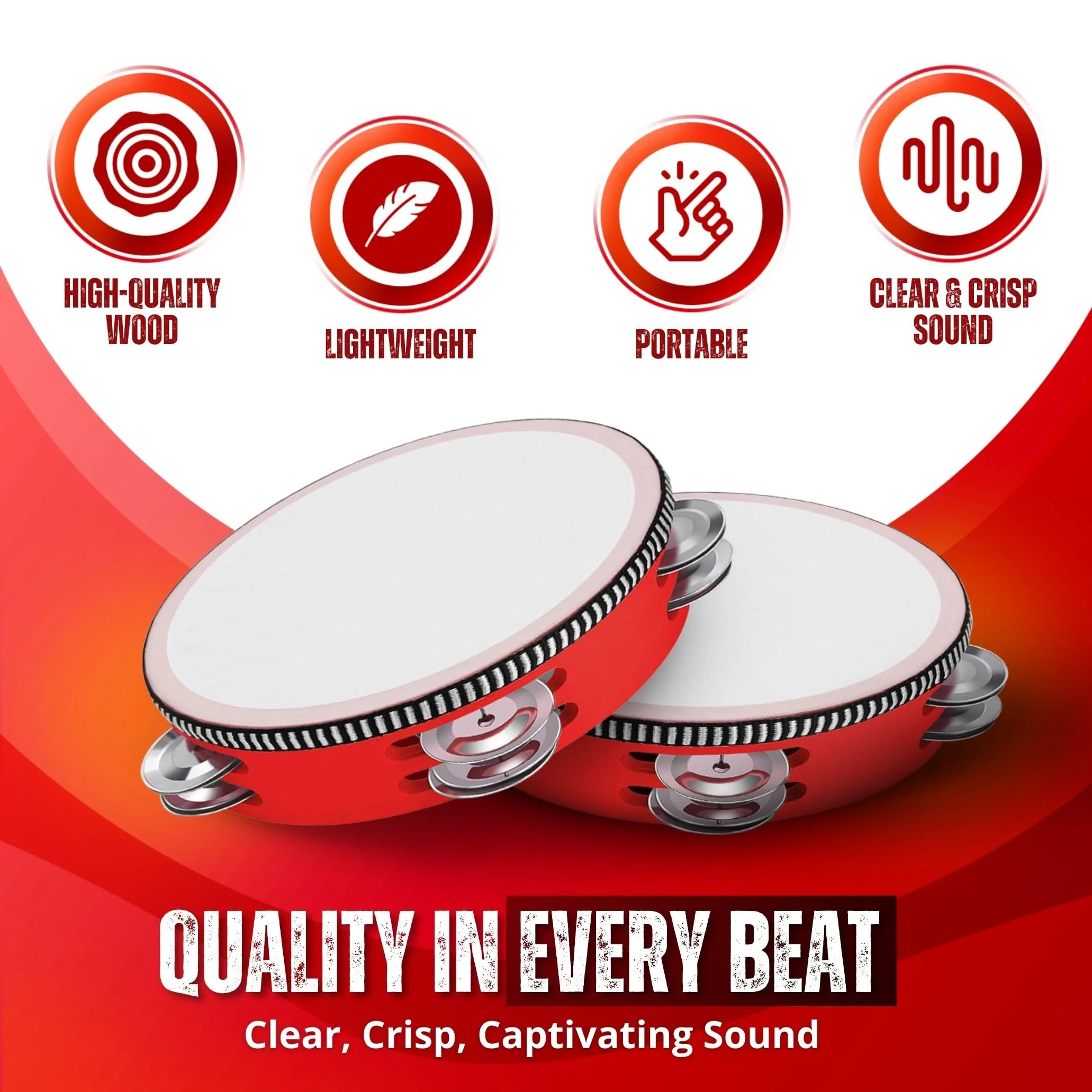 Flexzion Wood Handheld Tambourine Adults 6-Inch Double Row 8-Pair Jingles (Red) - Percussion Round Tamborines Musical Instrument with Metal Zills 6 Inch Double Row - Red - Image 3