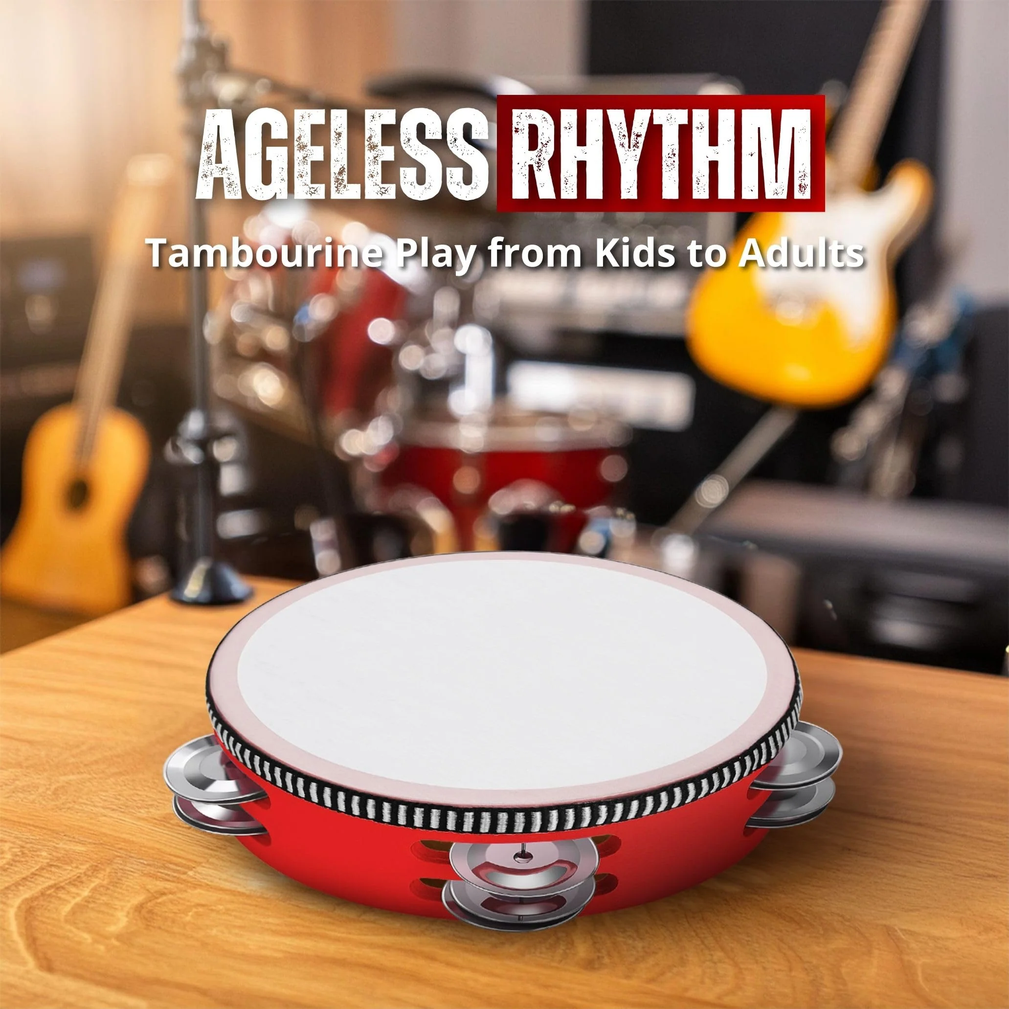 Flexzion Wood Handheld Tambourine Adults 6-Inch Double Row 8-Pair Jingles (Red) - Percussion Round Tamborines Musical Instrument with Metal Zills 6 Inch Double Row - Red - Image 4