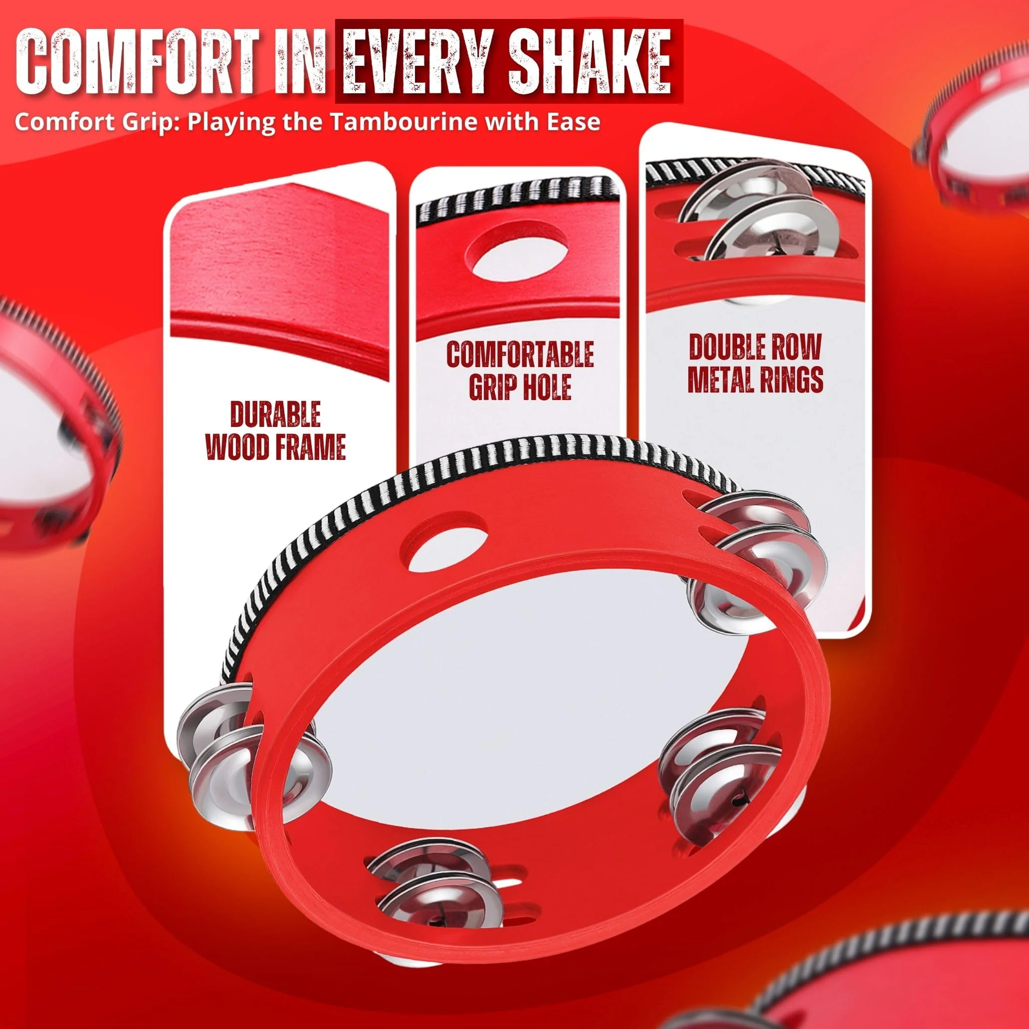 Flexzion Wood Handheld Tambourine Adults 6-Inch Double Row 8-Pair Jingles (Red) - Percussion Round Tamborines Musical Instrument with Metal Zills 6 Inch Double Row - Red - Image 5