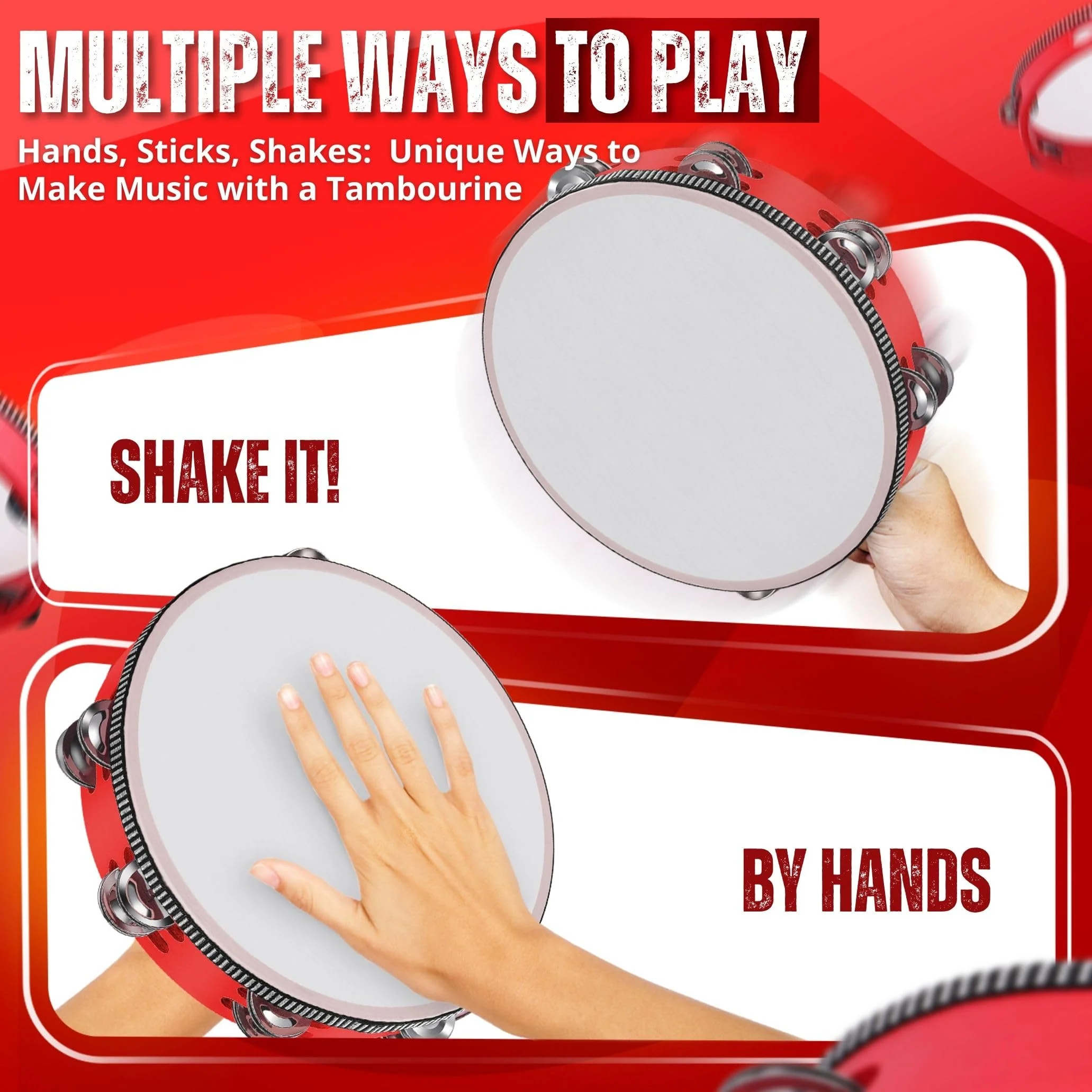 Flexzion Wood Handheld Tambourine Adults 6-Inch Double Row 8-Pair Jingles (Red) - Percussion Round Tamborines Musical Instrument with Metal Zills 6 Inch Double Row - Red - Image 6