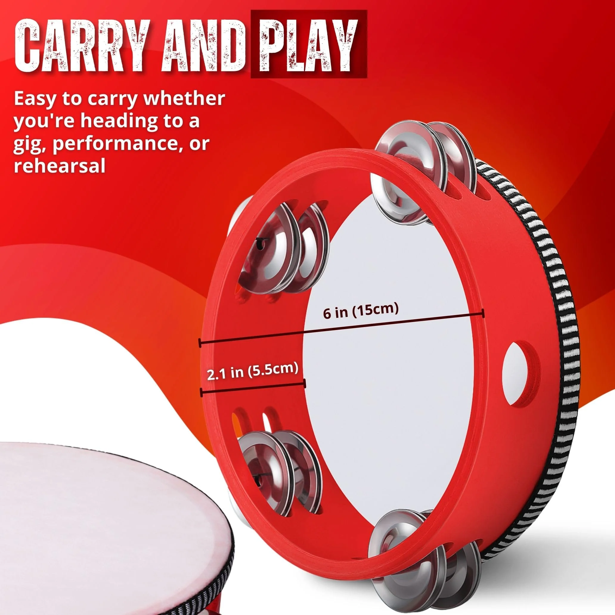 Flexzion Wood Handheld Tambourine Adults 6-Inch Double Row 8-Pair Jingles (Red) - Percussion Round Tamborines Musical Instrument with Metal Zills 6 Inch Double Row - Red - Image 7