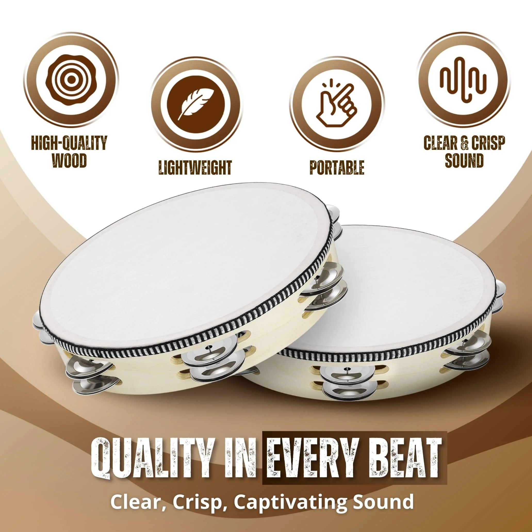 Flexzion Wood Handheld Tambourine for Kids (2 Pack) 8 Inch Double Row 12 Pair Jingles, Hand Held Percussion Drum Moon Musical Instrument with Metal Bell 8 Inch (2 Pack) Double Row - Wood - Image 3