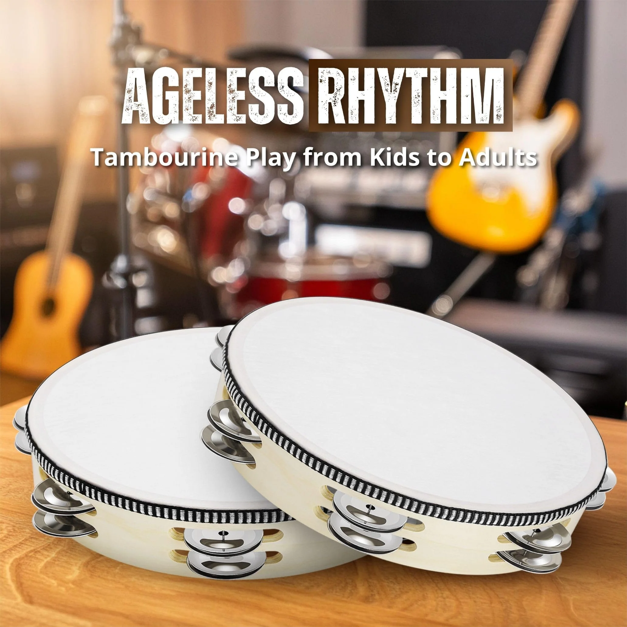 Flexzion Wood Handheld Tambourine for Kids (2 Pack) 8 Inch Double Row 12 Pair Jingles, Hand Held Percussion Drum Moon Musical Instrument with Metal Bell 8 Inch (2 Pack) Double Row - Wood - Image 4