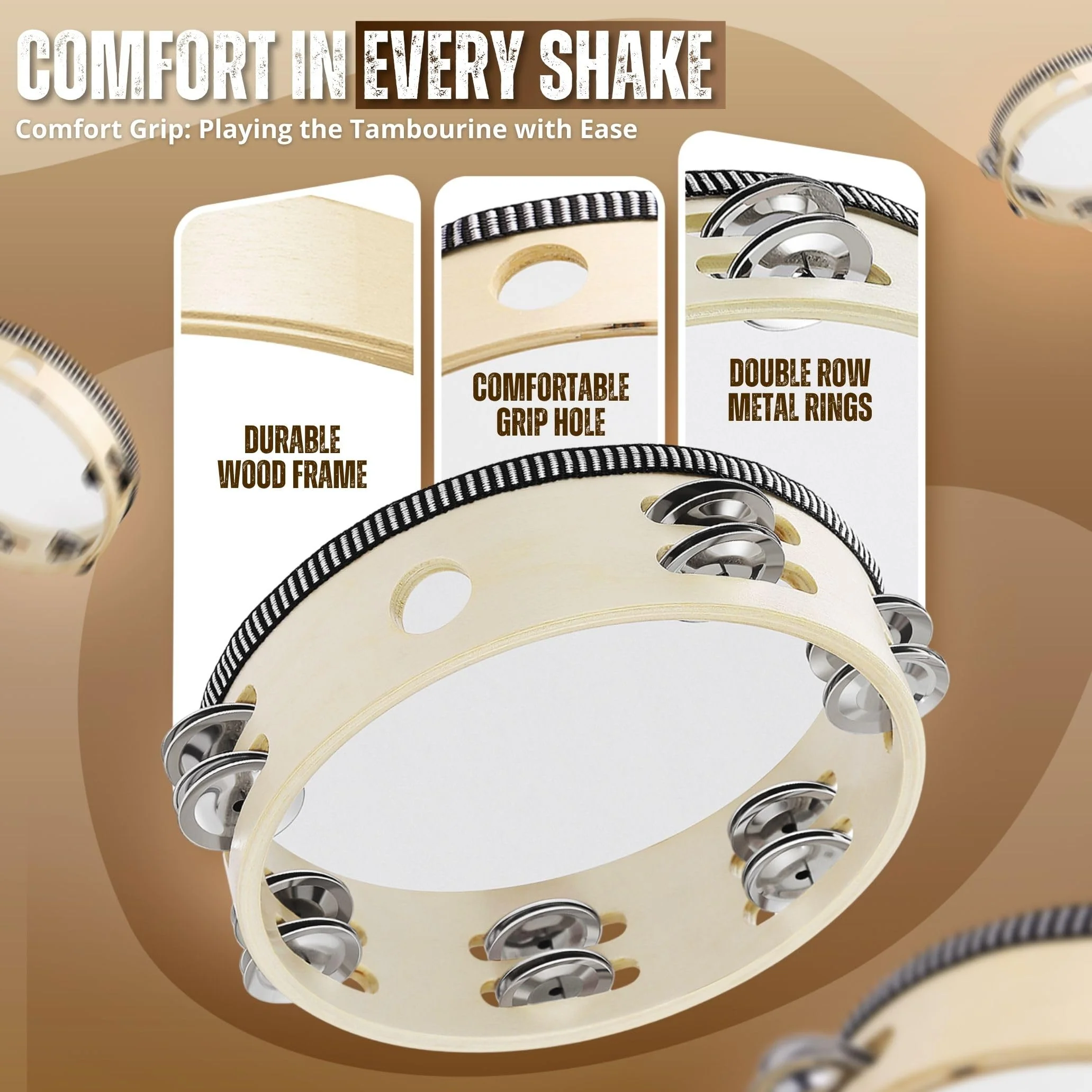 Flexzion Wood Handheld Tambourine for Kids (2 Pack) 8 Inch Double Row 12 Pair Jingles, Hand Held Percussion Drum Moon Musical Instrument with Metal Bell 8 Inch (2 Pack) Double Row - Wood - Image 5