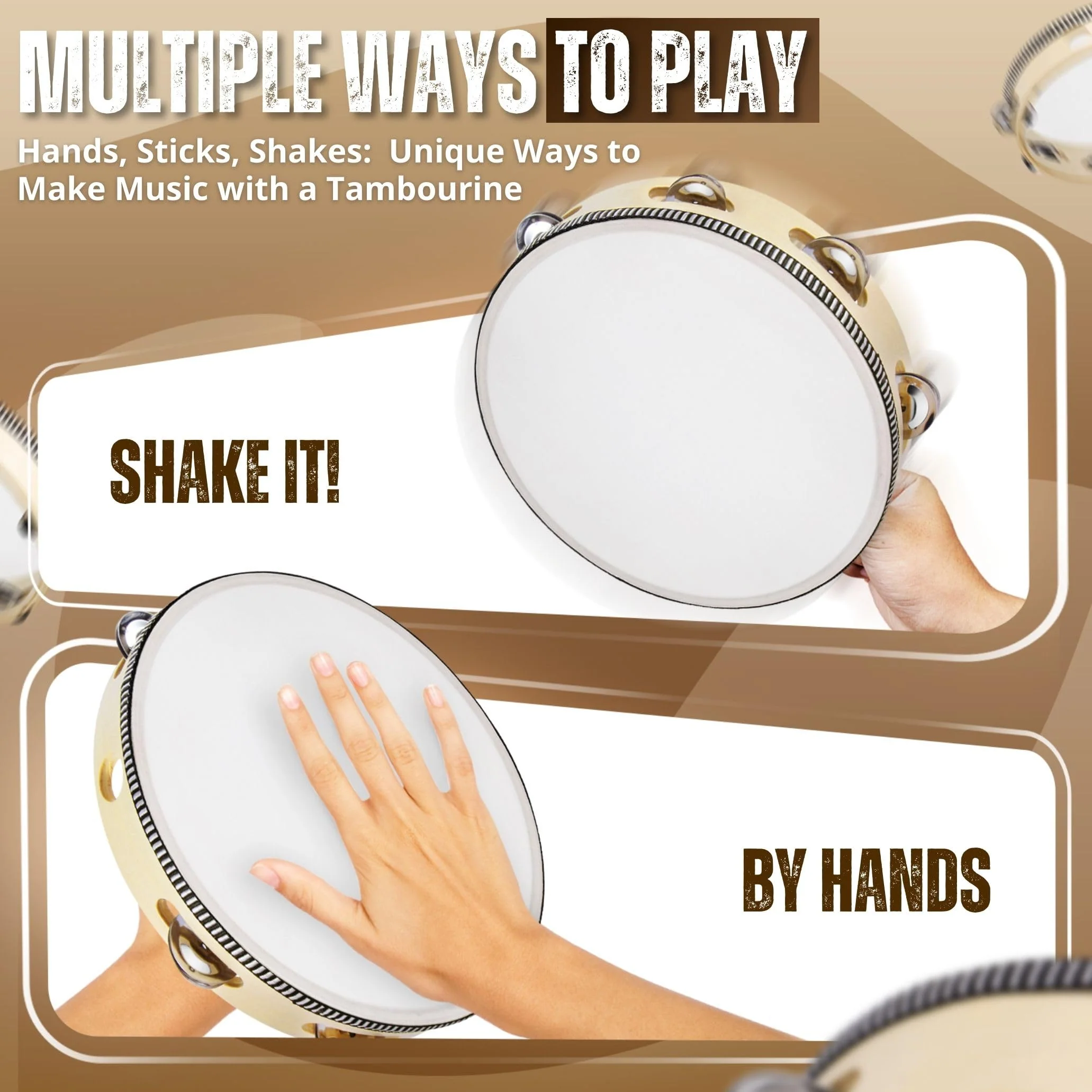 Flexzion Wood Handheld Tambourine for Kids (2 Pack) 8 Inch Double Row 12 Pair Jingles, Hand Held Percussion Drum Moon Musical Instrument with Metal Bell 8 Inch (2 Pack) Double Row - Wood - Image 6