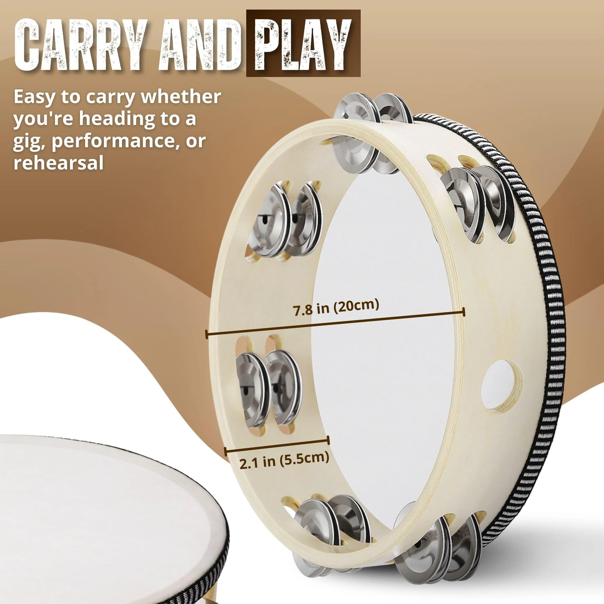 Flexzion Wood Handheld Tambourine for Kids (2 Pack) 8 Inch Double Row 12 Pair Jingles, Hand Held Percussion Drum Moon Musical Instrument with Metal Bell 8 Inch (2 Pack) Double Row - Wood - Image 7