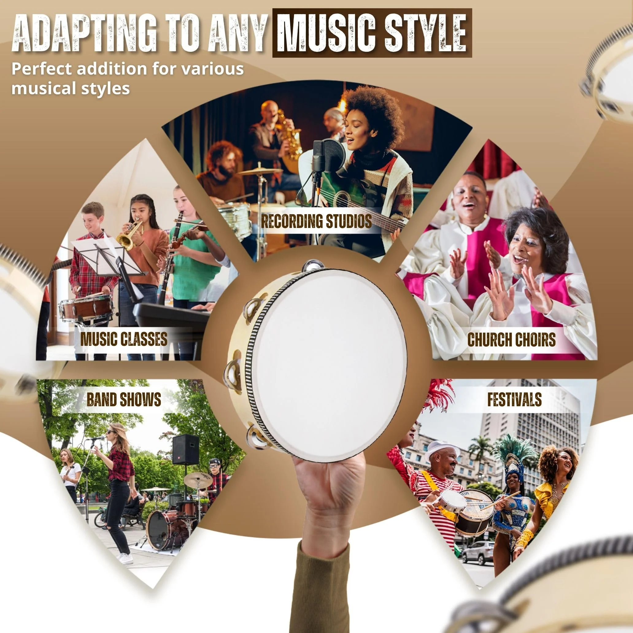 Flexzion Wood Handheld Tambourine for Kids (2 Pack) 8 Inch Double Row 12 Pair Jingles, Hand Held Percussion Drum Moon Musical Instrument with Metal Bell 8 Inch (2 Pack) Double Row - Wood - Image 9