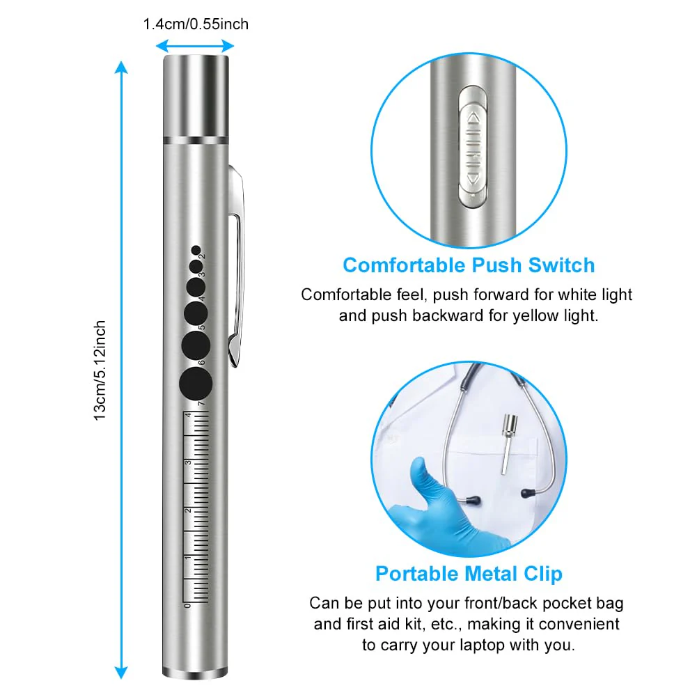 Flintronic 2 x Pupil Light Medicine, Diagnostic Light Nurse Emergency Service Accessories, with Pupil Meter & Ruler, Rechargeable USB LED Pen Lamp for Nurses, Students, Doctors 2pcs-silver - Image 2