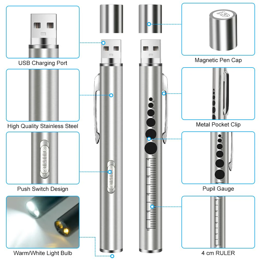 Flintronic 2 x Pupil Light Medicine, Diagnostic Light Nurse Emergency Service Accessories, with Pupil Meter & Ruler, Rechargeable USB LED Pen Lamp for Nurses, Students, Doctors 2pcs-silver - Image 3