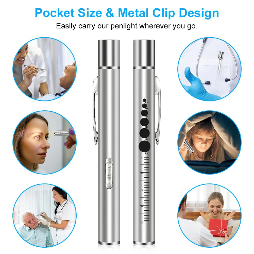 Flintronic 2 x Pupil Light Medicine, Diagnostic Light Nurse Emergency Service Accessories, with Pupil Meter & Ruler, Rechargeable USB LED Pen Lamp for Nurses, Students, Doctors 2pcs-silver - Image 9