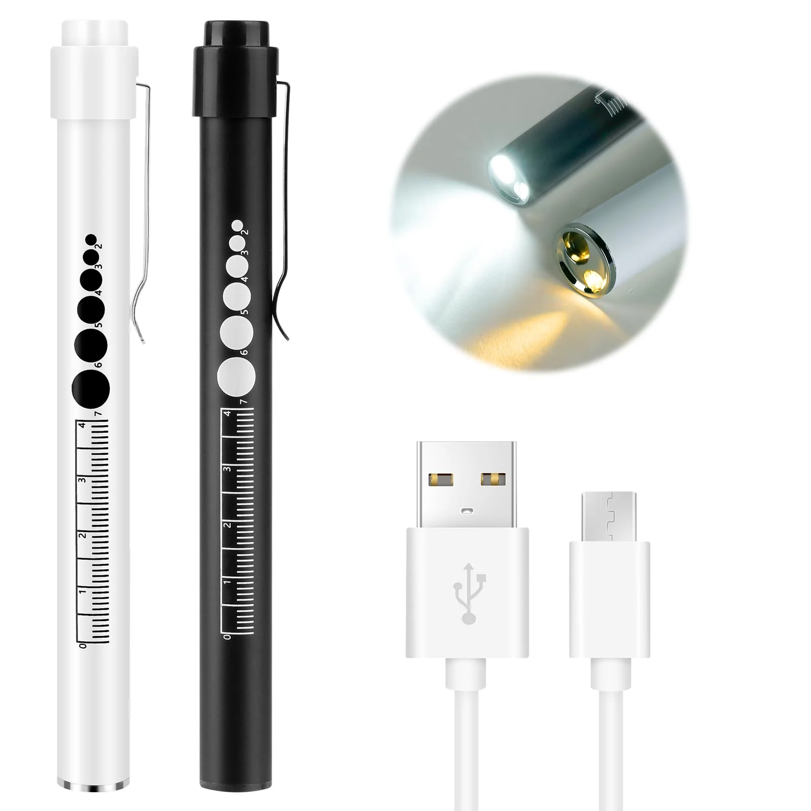 flintronic 2 x Pupil Light Medicine, Diagnostic Light Nurse Emergency Service Accessories with Pupil Meter & Ruler, Rechargeable USB LED Pen Lamp for Nurses Students Doctors #7 White/Black 2pcs - Image 2