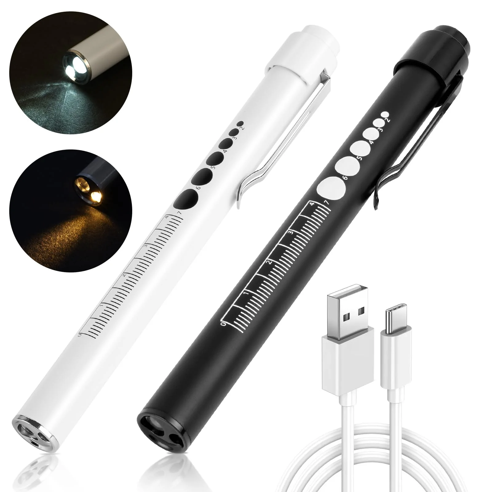 flintronic 2 x Pupil Light Medicine, Diagnostic Light Nurse Emergency Service Accessories with Pupil Meter & Ruler, Rechargeable USB LED Pen Lamp for Nurses Students Doctors #7 White/Black 2pcs - Image 3