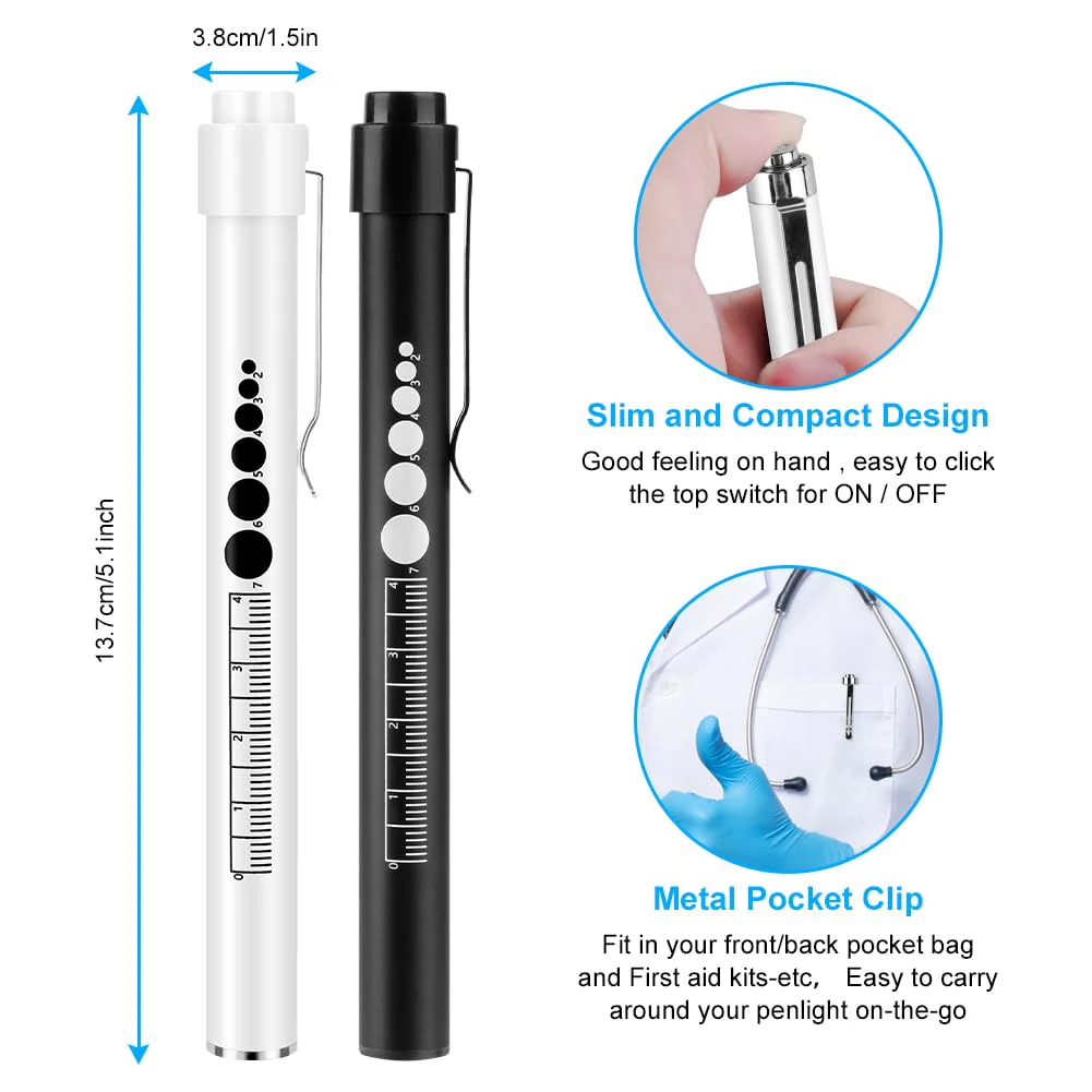 flintronic 2 x Pupil Light Medicine, Diagnostic Light Nurse Emergency Service Accessories with Pupil Meter & Ruler, Rechargeable USB LED Pen Lamp for Nurses Students Doctors #7 White/Black 2pcs - Image 4