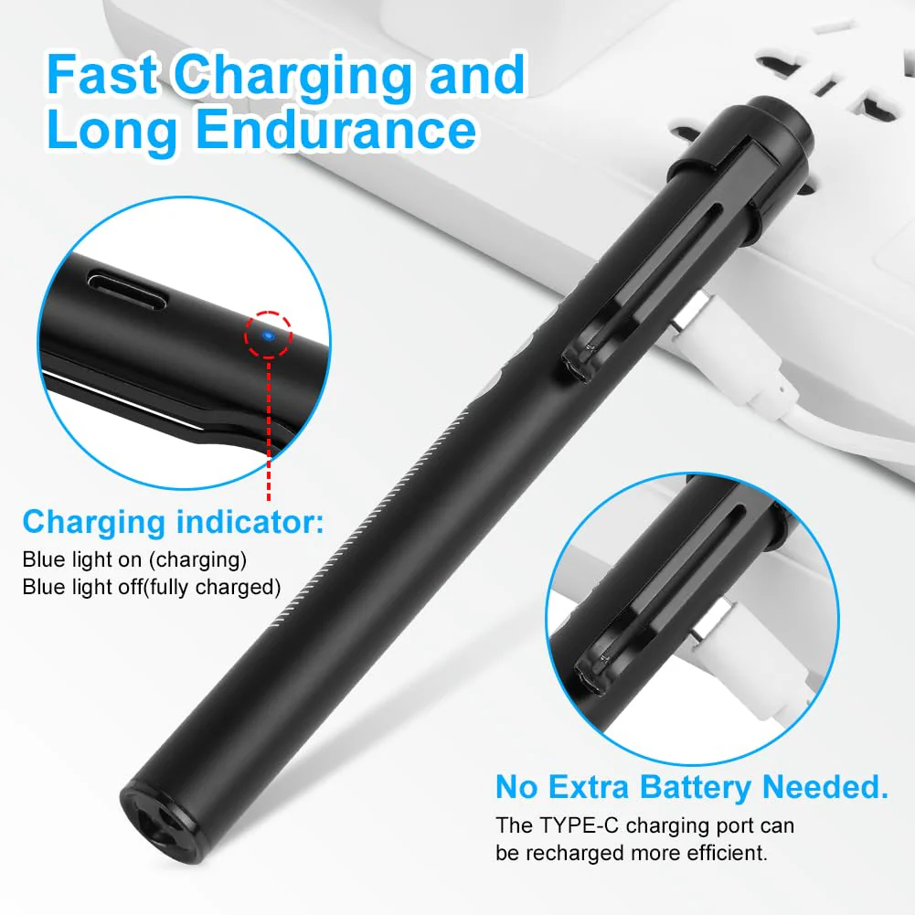 flintronic 2 x Pupil Light Medicine, Diagnostic Light Nurse Emergency Service Accessories with Pupil Meter & Ruler, Rechargeable USB LED Pen Lamp for Nurses Students Doctors #7 White/Black 2pcs - Image 5