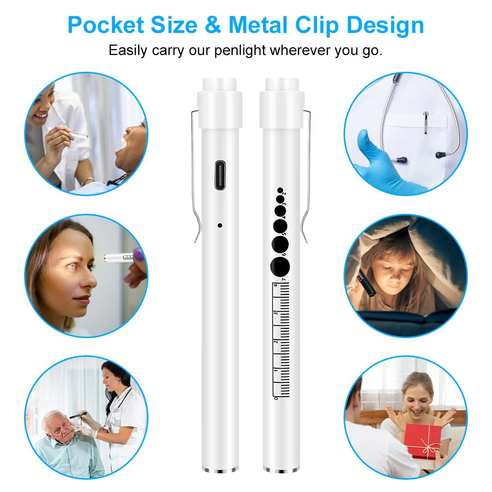 flintronic 2 x Pupil Light Medicine, Diagnostic Light Nurse Emergency Service Accessories with Pupil Meter & Ruler, Rechargeable USB LED Pen Lamp for Nurses Students Doctors #7 White/Black 2pcs - Image 6