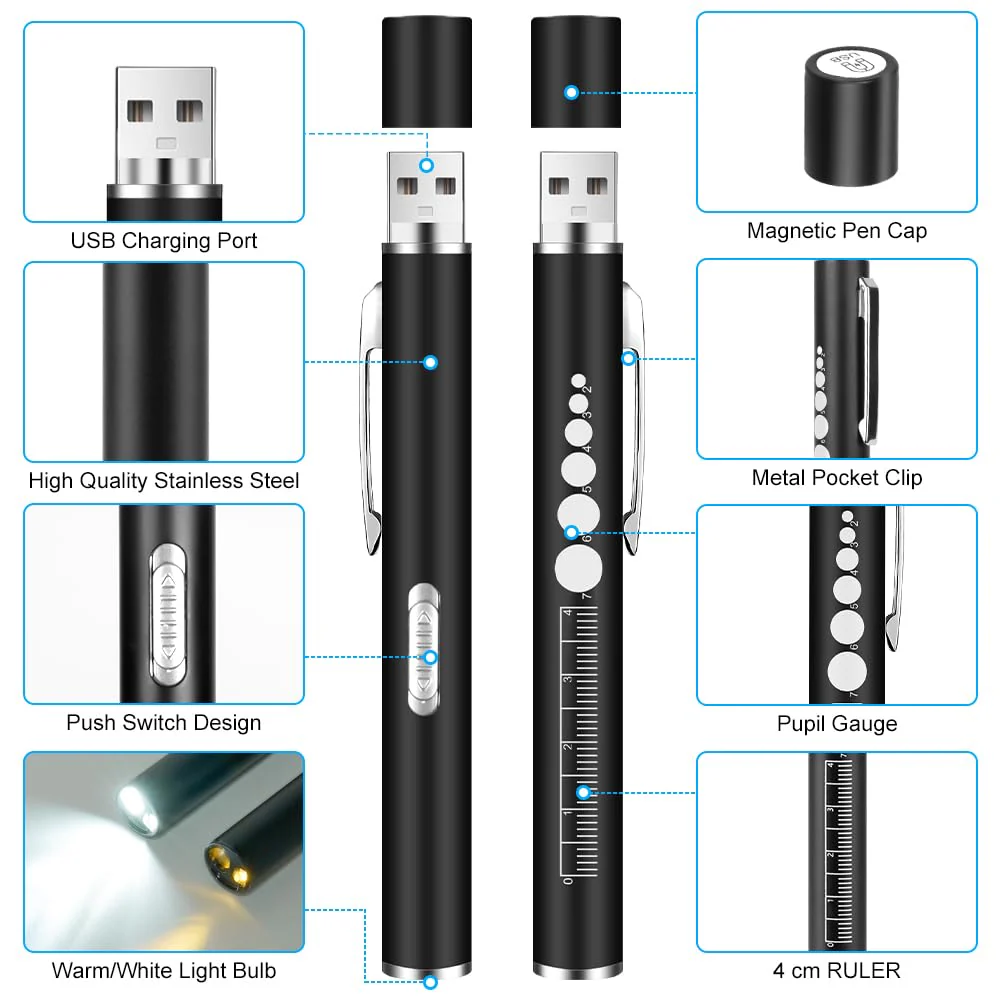 flintronic Pupil Light Medicine, Diagnostic Light Nurse Emergency Service Accessories, with Pupil Meter & Ruler, Rechargeable USB LED Pen Lamp for Nurses, Students, Doctors 1 Piece Black - Image 3