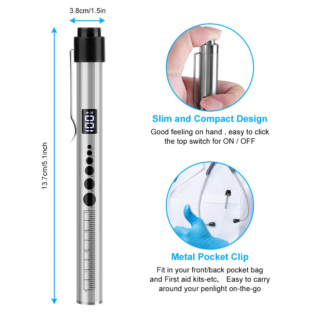 Flintronic Upil Light Medicine, 1 Piece Diagnostic Light with Digital Display, Pupil Meter and Ruler, Rechargeable USB LED Pen Lamp for Nurses, Students, Doctors (Silver) Type-c silver 1pc - Image 2
