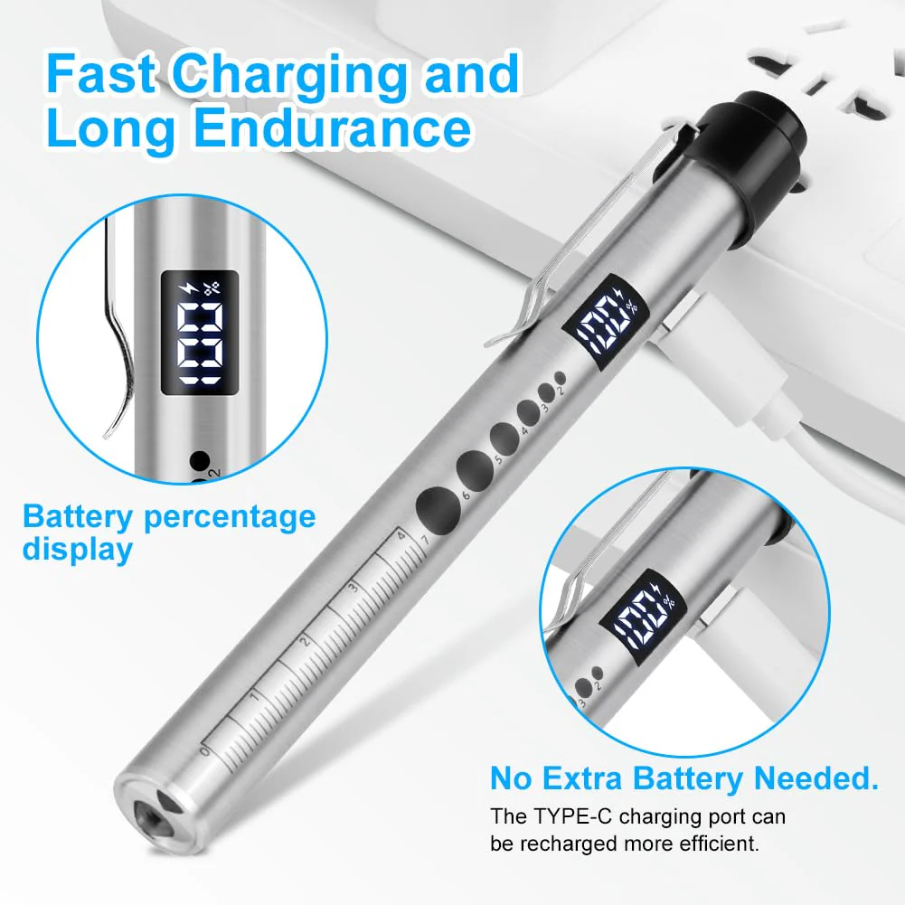 Flintronic Upil Light Medicine, 1 Piece Diagnostic Light with Digital Display, Pupil Meter and Ruler, Rechargeable USB LED Pen Lamp for Nurses, Students, Doctors (Silver) Type-c silver 1pc - Image 3