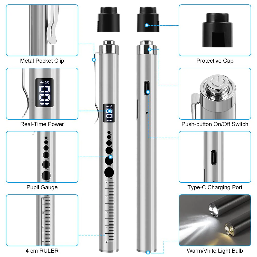 Flintronic Upil Light Medicine, 1 Piece Diagnostic Light with Digital Display, Pupil Meter and Ruler, Rechargeable USB LED Pen Lamp for Nurses, Students, Doctors (Silver) Type-c silver 1pc - Image 4